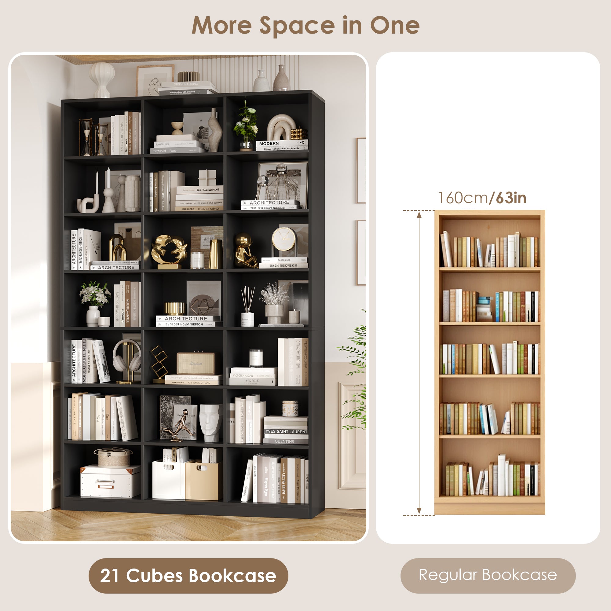 Hiphuta 86"H x 47"W Wood Triple 7-Tier Standard Bookcase, Tall Bookcase for Bedroom, Living Room and Office, Freestanding 21 Cubes Display Storage Shelves, Black