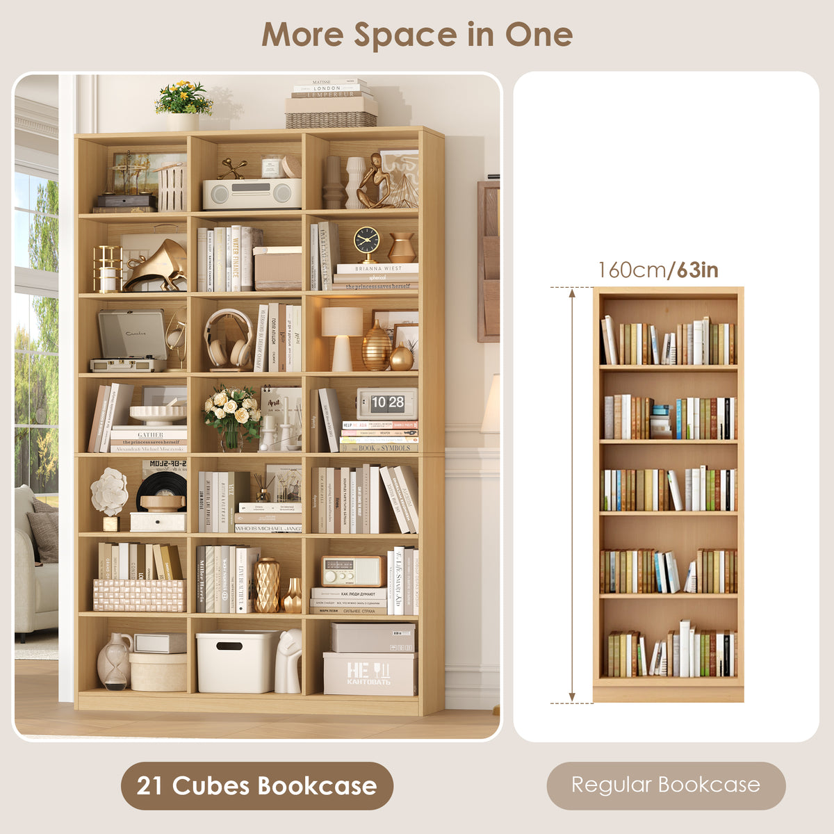 Hiphuta 86"H x 47"W Wood Triple 7-Tier Standard Bookcase, Tall Bookcase for Bedroom, Living Room and Office, Freestanding 21 Cubes Display Storage Shelves, Natural