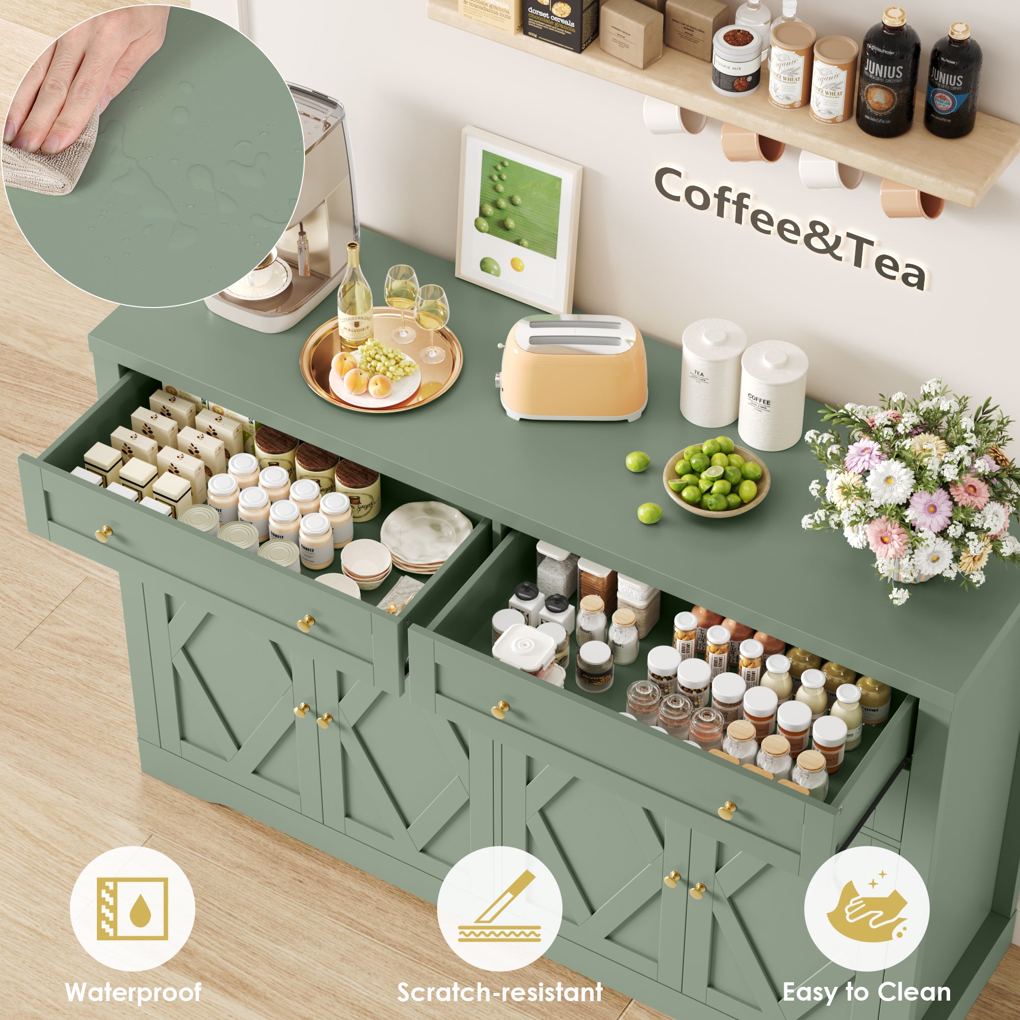 Hiphuta 55" Wide Coffee Bar with 2 Adjustable Shelves, Modern Farmhouse Sideboard Buffet with 4 Drawers for Living Room, Green