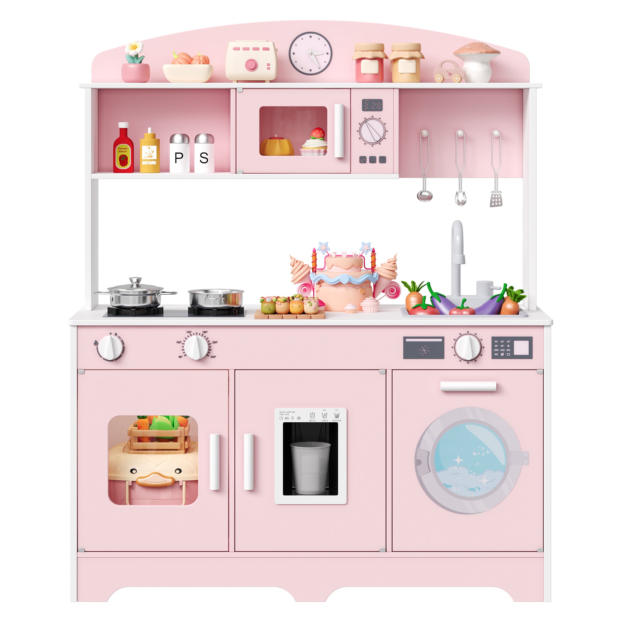 Hiphuta Play Kitchen for Kids, Wooden Kids Kitchen Playset with Plenty of Play Features, Chef Pretend Play Set for Boys and Girls Age Ages 3-10, Toys Kitchen with 11 Pcs Accessories, Pink