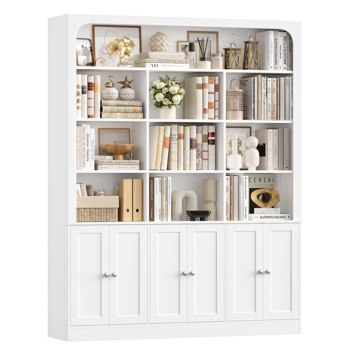 Hiphuta 71" Tall 4-Tier Bookcase with 10 Open Cubes, 56" Wide Extra Large Display Bookshelf with 4 Doors, for Living Room Home Office, White