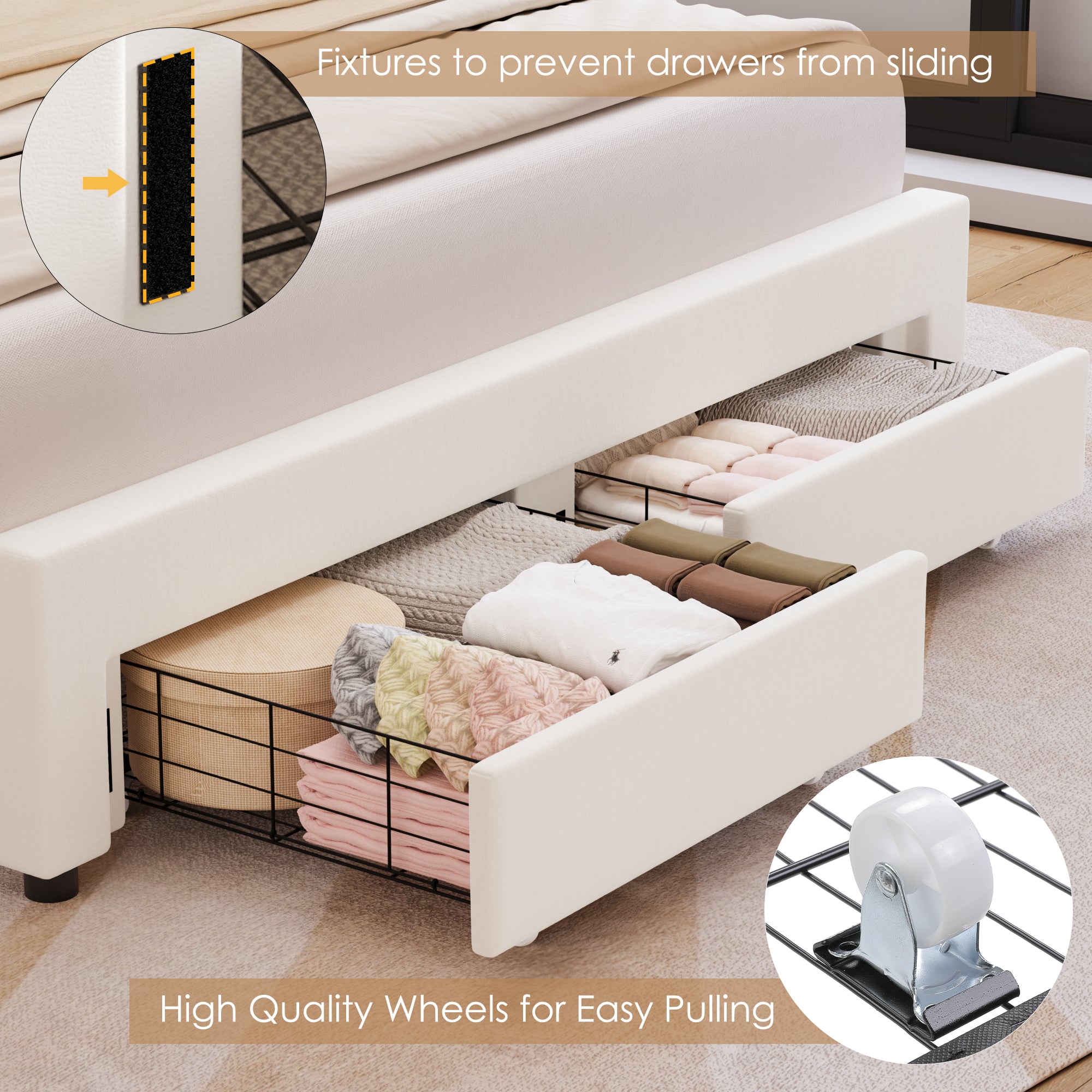 Hiphuta Kids LED Full Bed with 2 Drawers, LED Lights Platform Bed Frame with Upholstered Tufted Headboard, No Box Spring Needed, Velvet White