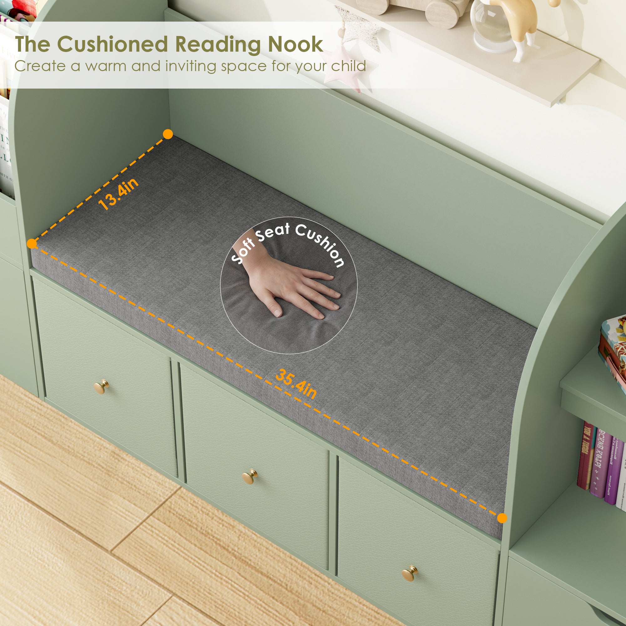 Hiphuta 71" Wide Kids Bookcase with Reading Nook, Large Toy Storage Organizer with 5 Drawers and Seat Cushion, Green