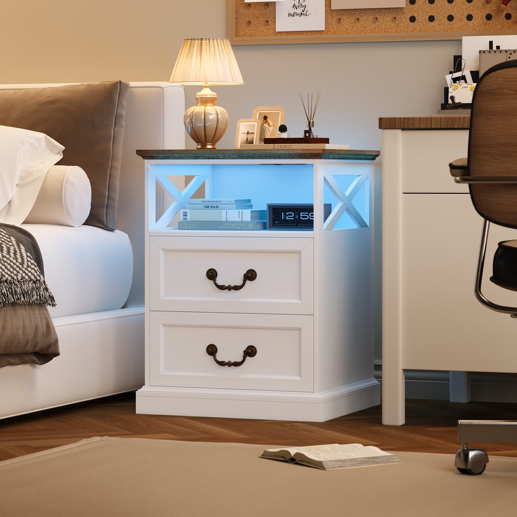 Hiphuta Farmhouse Set of 2 Nightstands with Charge Station, Wood End Table with 3 Drawers for Adult Bedroom, LEDS Bedside Table for Living Room, White