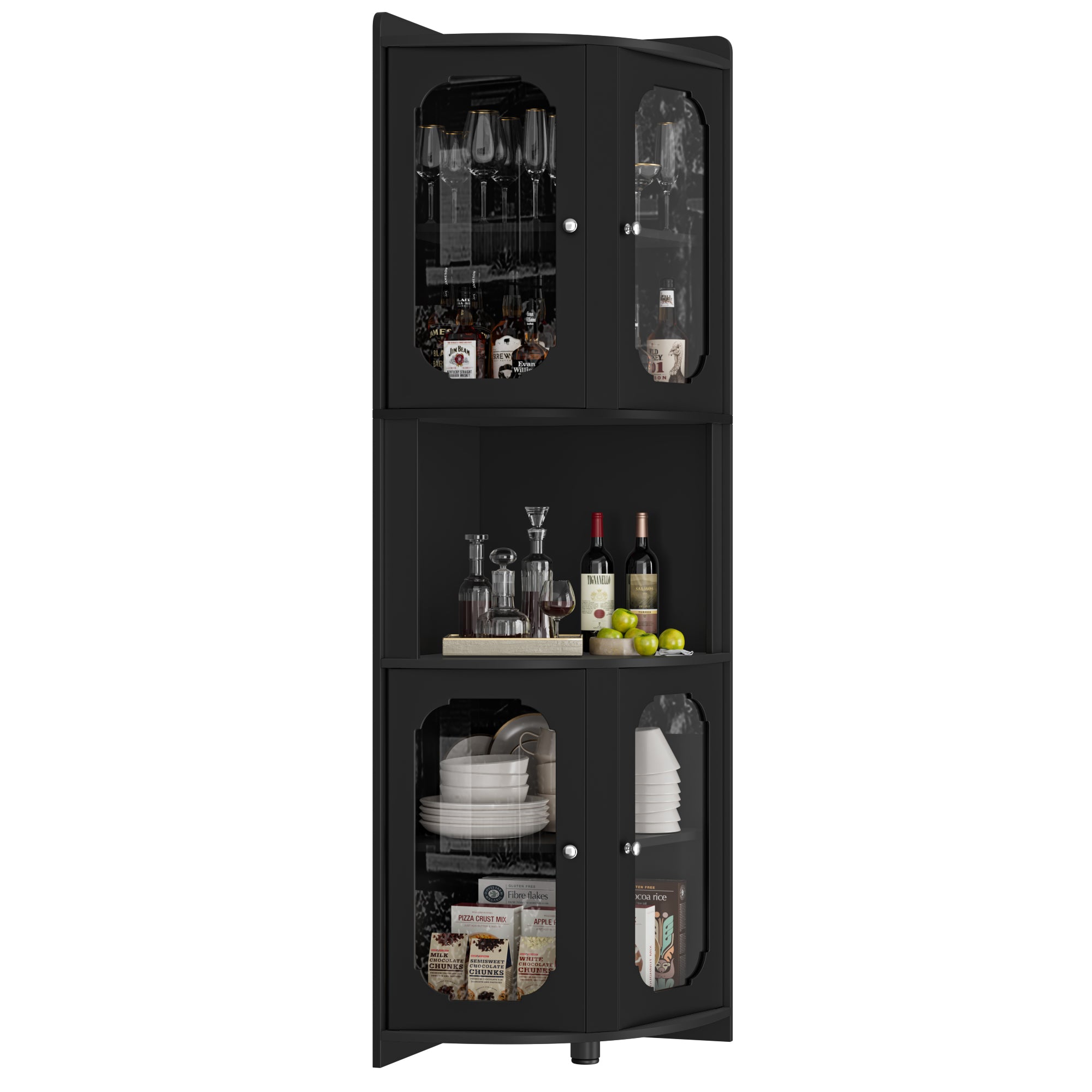 Hiphuta Tall Corner Cabinet, Bathroom Storage Cabinet with Glass Door Design & Adjustable Shelves, Home Space Saver for Bathroom, Living Room, Black