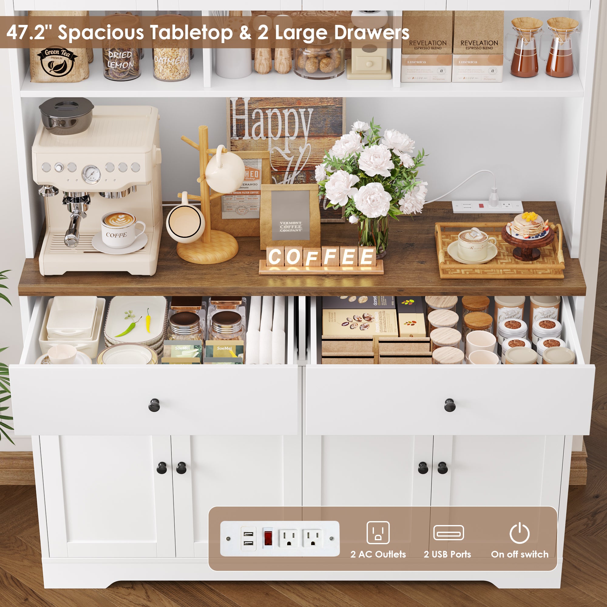 Hiphuta 71" Tall Pantry Cabinet with Arched Glass Doors, 47" Wide Kitchen Storage Cabinet with Microwave Stand & Charging Station, Hutch Cupboard for Kitchen Dining Room, White