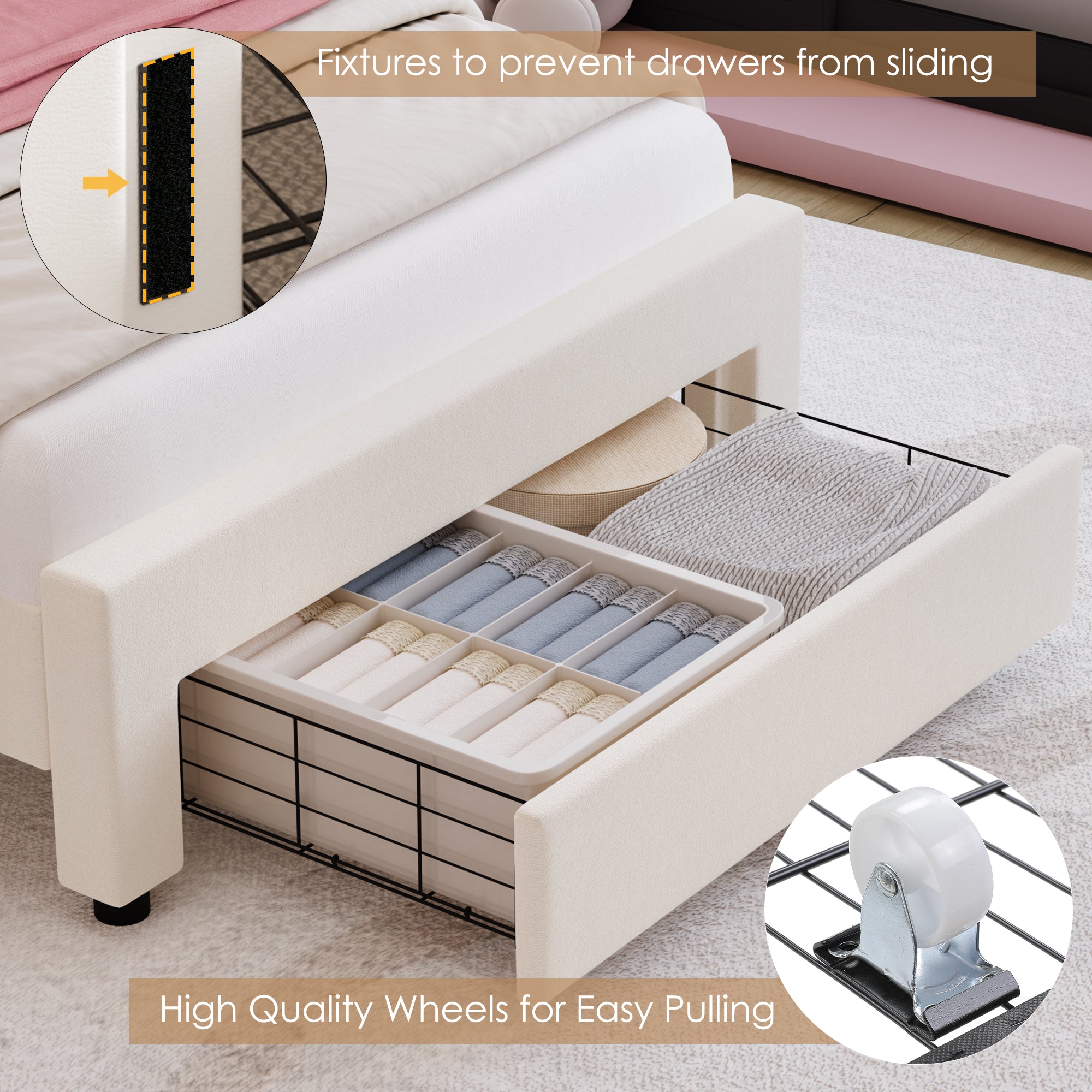 Hiphuta Kids LED Twin Bed with 2 Drawers, LED Lights Platform Bed Frame with Upholstered Tufted Headboard, No Box Spring Needed, Velvet White