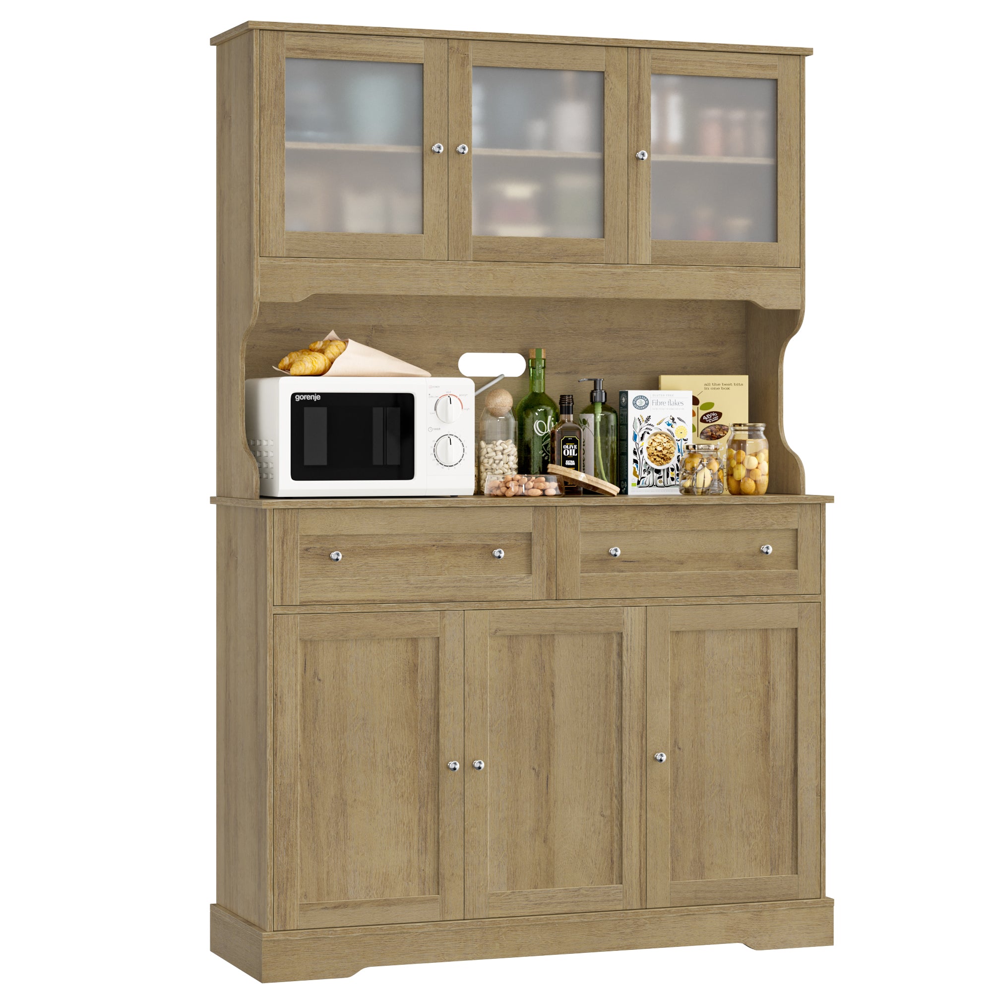 Hiphuta 72” Tall Kitchen Pantry Storage Cabinet with Power Outlet, Freestanding Cupboard Storage Buffet Hutch with Microwave Stand, Storage Pantry with Drawers & Glass Doors, Oak