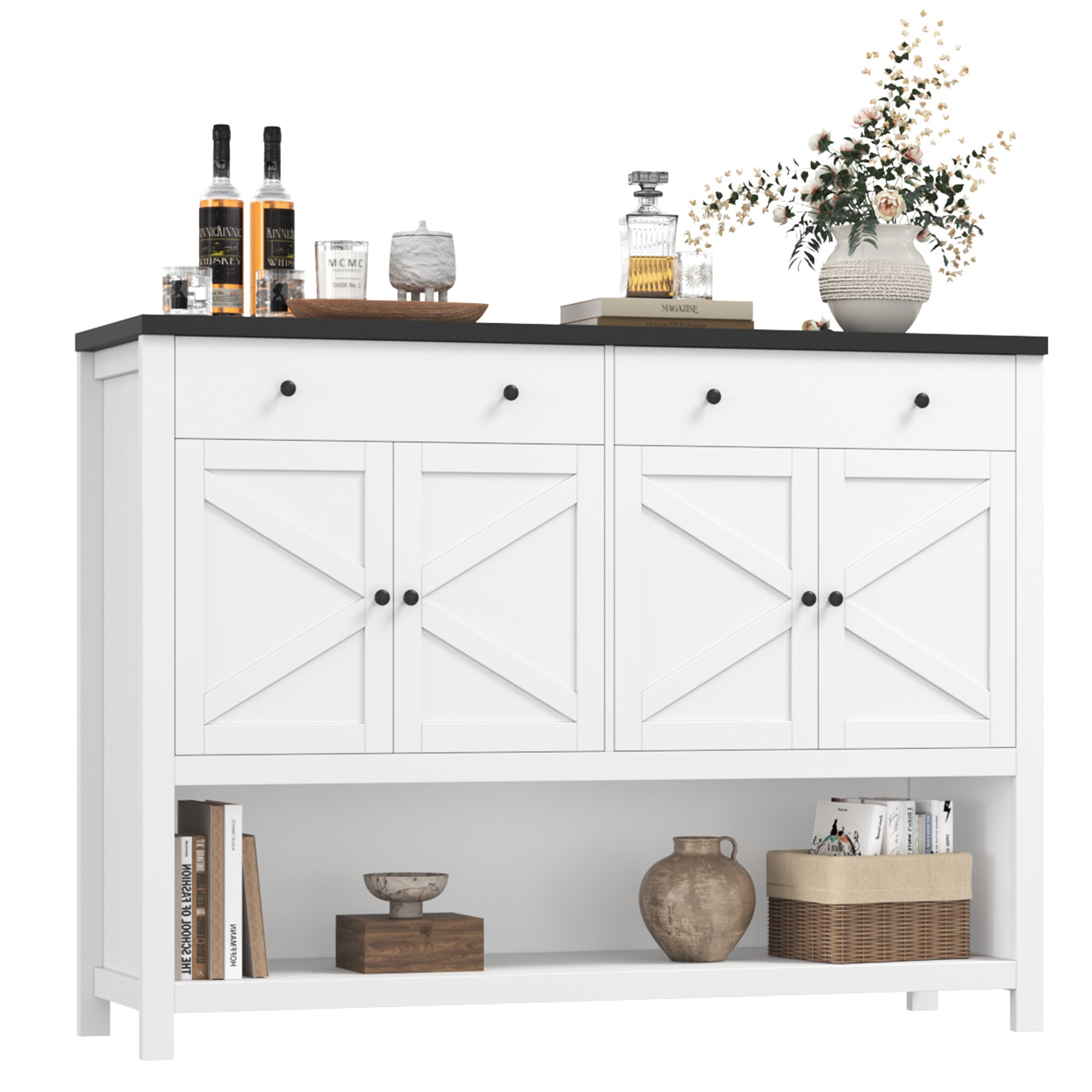 Hiphuta 55" Wide Console Table with 2 Drawers and 2 Double-Door Cabinet, Farmhouse Sideboard with Black Top, White