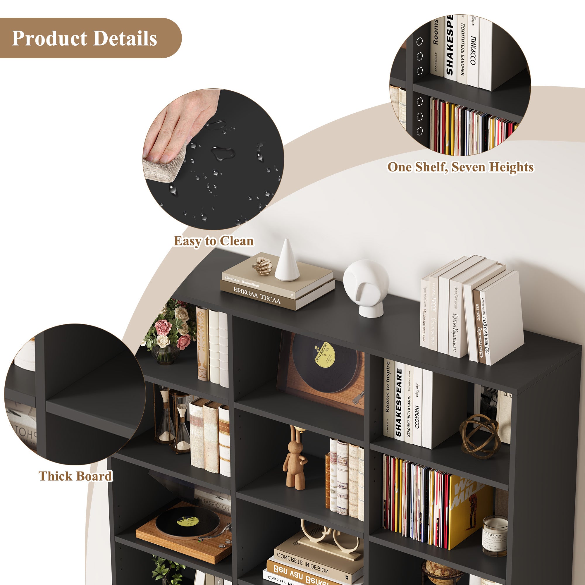 Hiphuta 27-Cube 9-Tier Bookcase, 75" Tall Triple-Wide CD Media Storage Organizer with 15 Adjustable Shelves, Freestanding Display Shelf, Black