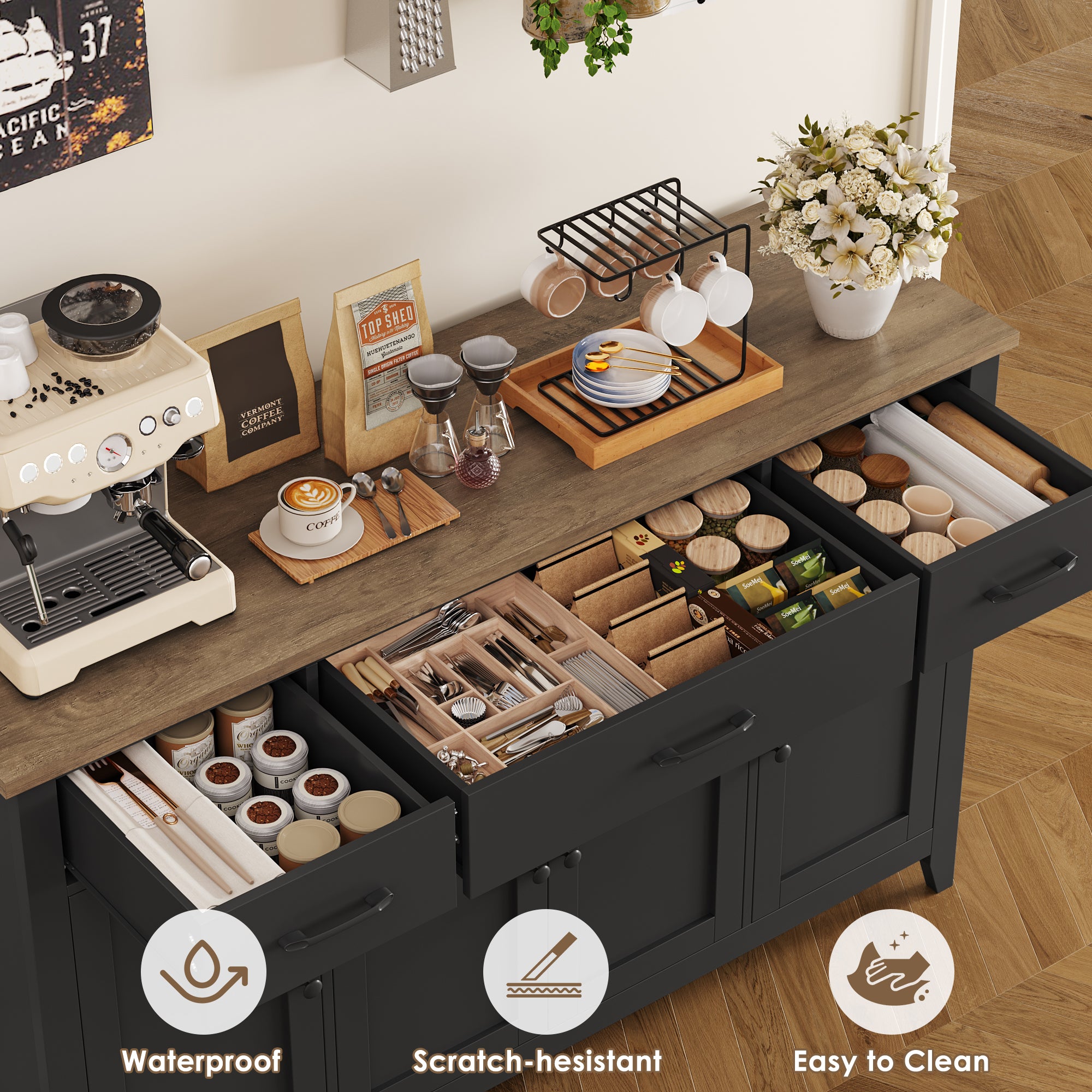 Hiphuta 55"Wide Buffet Cabinet with 2 Adjustable Shelves, Modern Farmhouse Coffee Bar with 3 Drawers and Sturdy Base for Living Room, Black