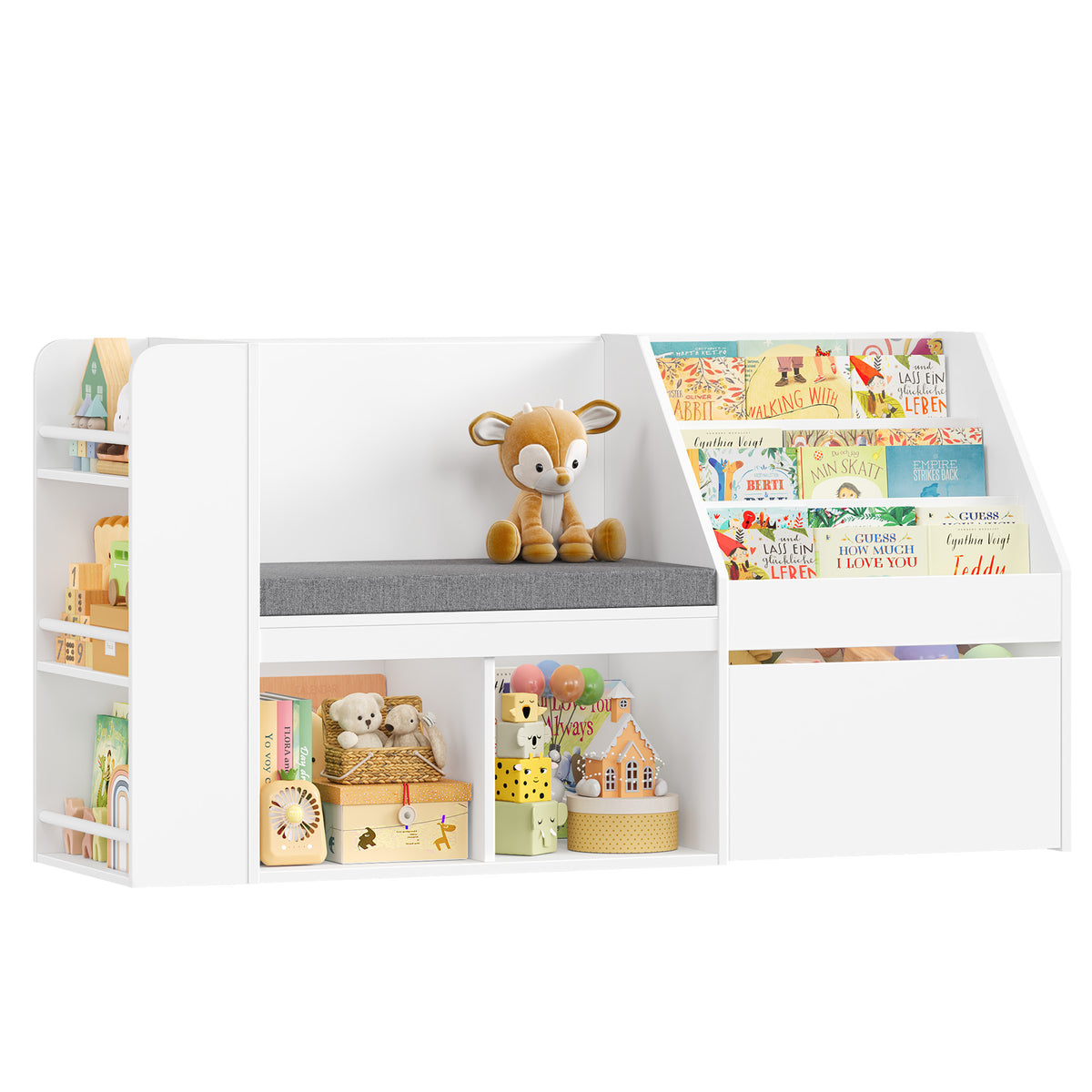Hiphuta 49"W Kids Bookcase with Reading Nook & Side Storage, Toy Storage Organizer with Book Rack & Drawer for Kids Room