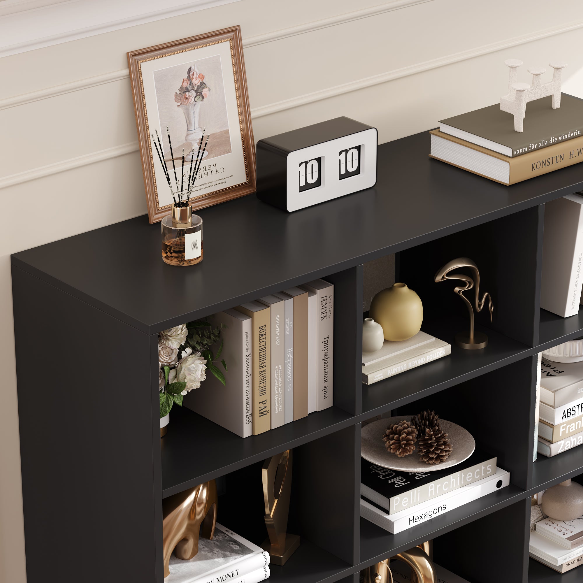 Hiphuta 86"H x 47"W Wood Triple 7-Tier Standard Bookcase, Tall Bookcase for Bedroom, Living Room and Office, Freestanding 21 Cubes Display Storage Shelves, Black