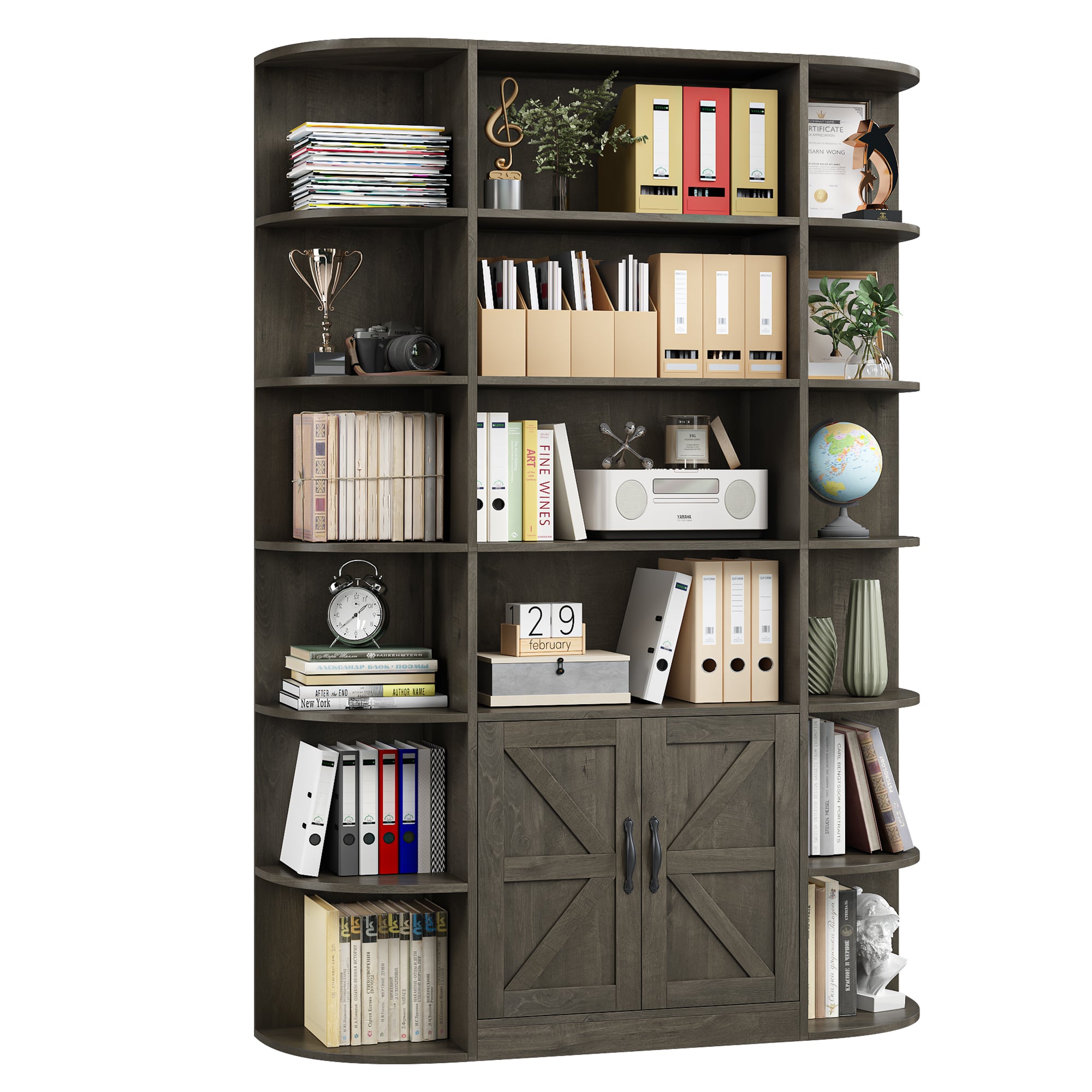 Hiphuta 74.8”Tall Bookcases with Cabinet, Extra Large 6-Tier Wooden Bookshelf for Living Room, Display Bookshelf for Home Office, Dark Brown