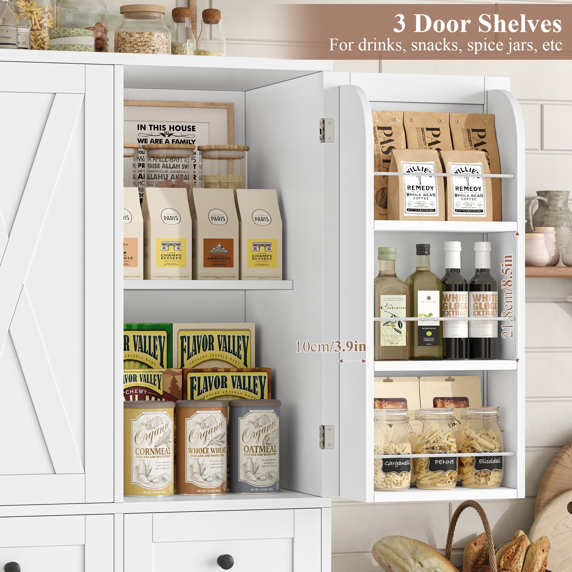 Hiphuta 67" Tall Farmhouse Kitchen Pantry Storage Cabinet with Door Shelves, 43" Wide Large Cupboard Hutch with 3 Drawers, White