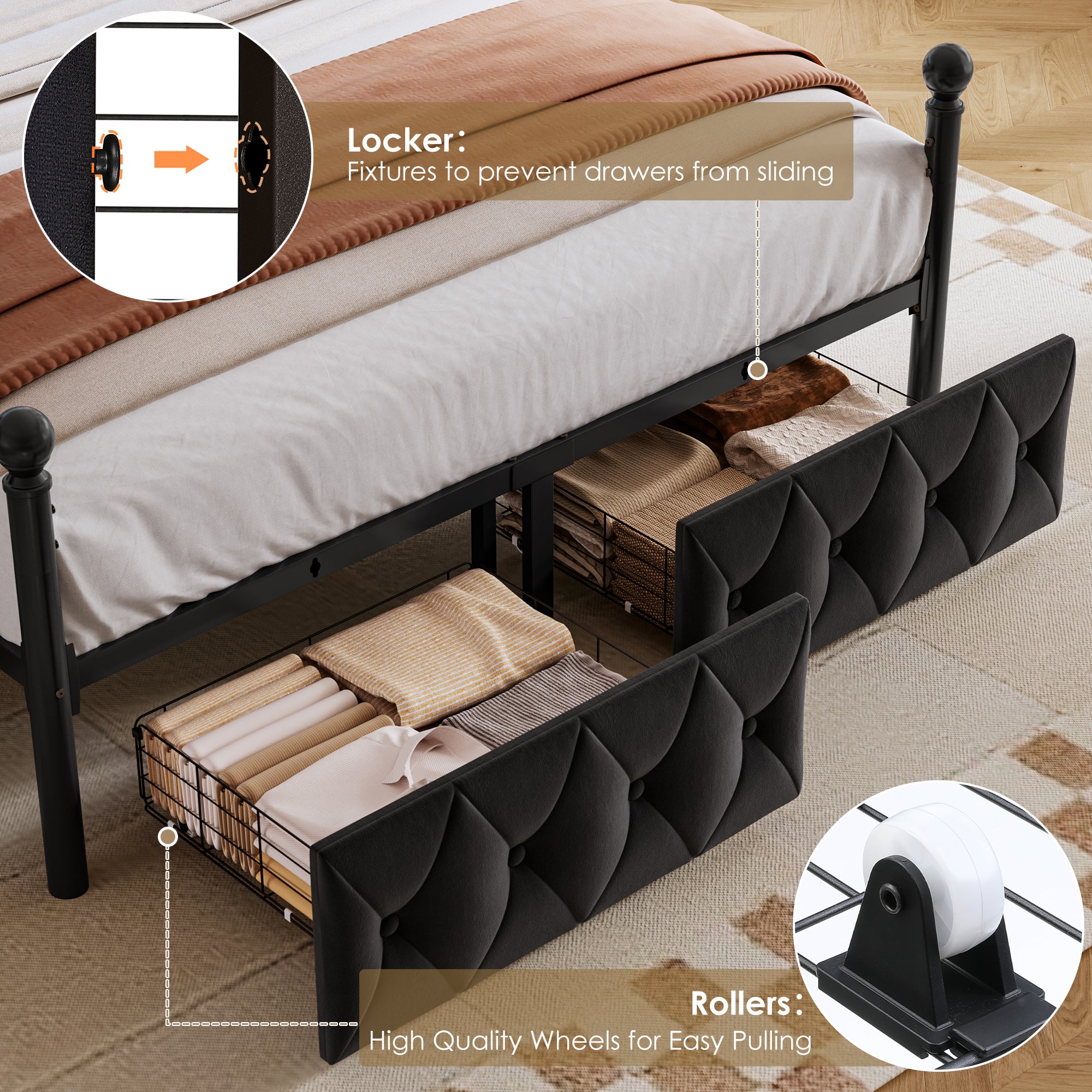 Hiphuta Full Size Upholstered Canopy Bed with Charging Station & Storage Drawer,Button Tufted Headboard with LED Light, Full Bed Frames, Black