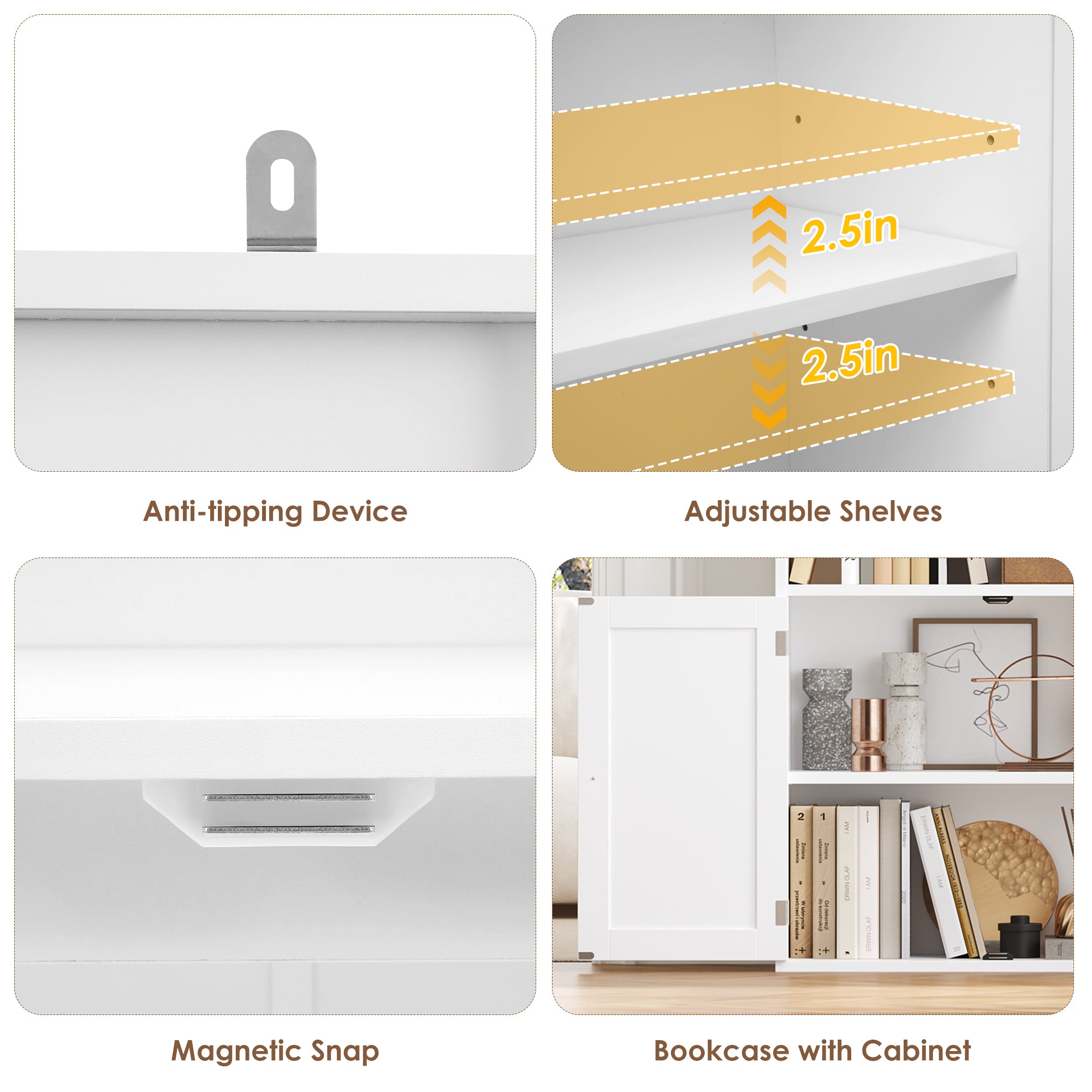 Hiphuta Dispaly Bookcase with 4 Shelves for Living Room, Wood Bookshelf with Storage, White Gold