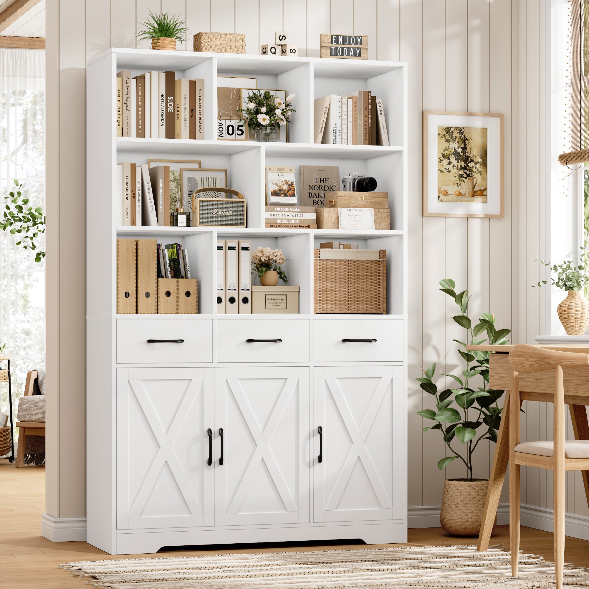 Hiphuta 71" Tall Bookcase with 3 Drawers and Doors, 43" Wide Farmhouse Bookcase with 8 Open Compartments for Office Living Room, White