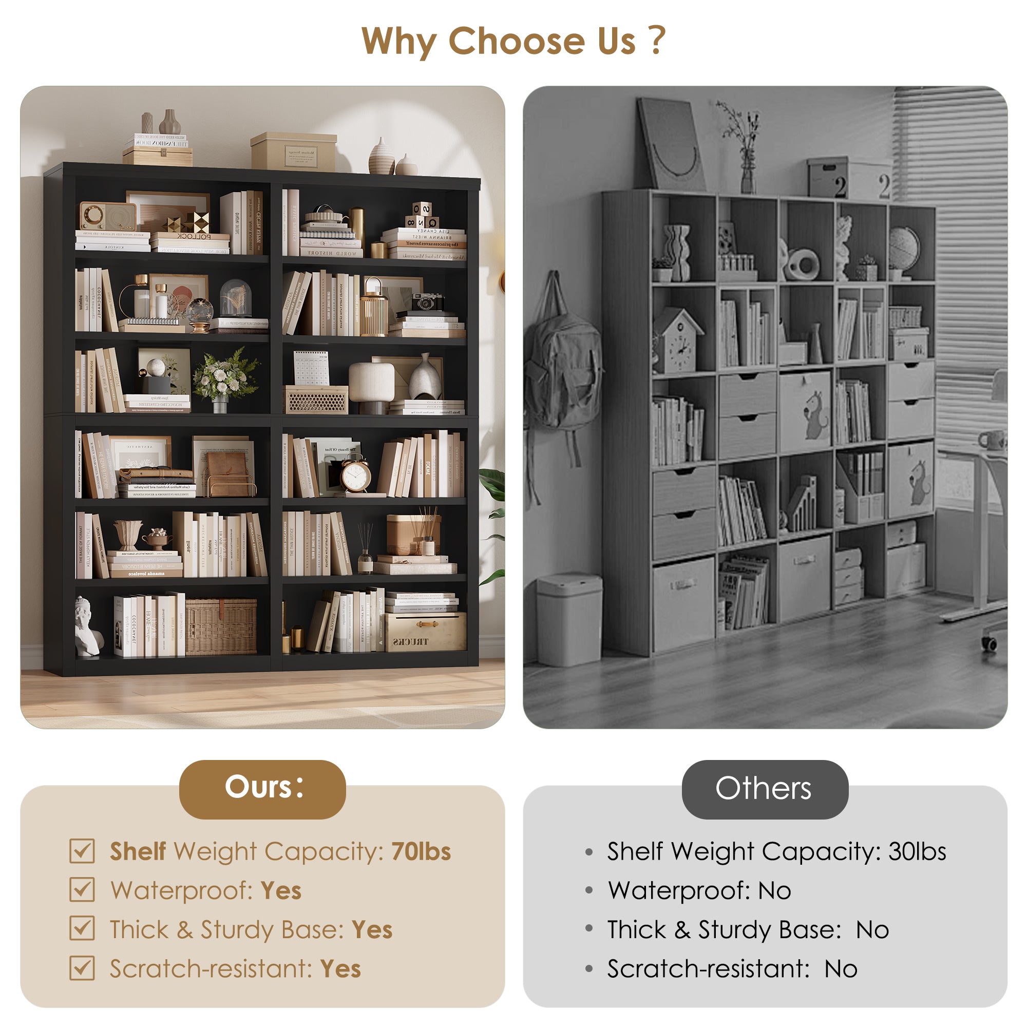 Hiphuta 63"W Extra Large and Sturdy Bookcase, Double Wide 6-Tier Bookshelf, Tall Bookcase for Home Office and Living Room, Wooden Freestanding Display Shelf, Black