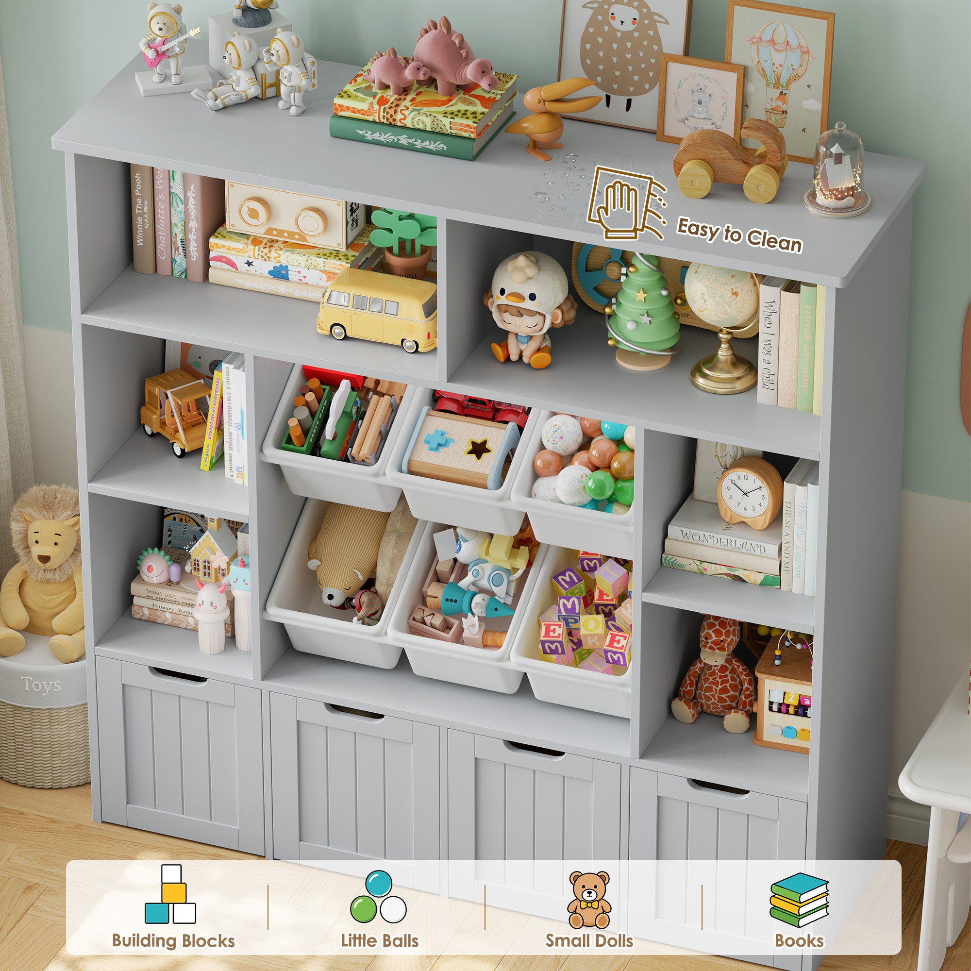 Hiphuta 49" Wide 4-Tier Toy Storage Organizer, Wood Kid Bookcase with 6 Boxes & 4 Removable Drawers, Bookshelf for Kids' Room, Classroom, Gray + White Boxes