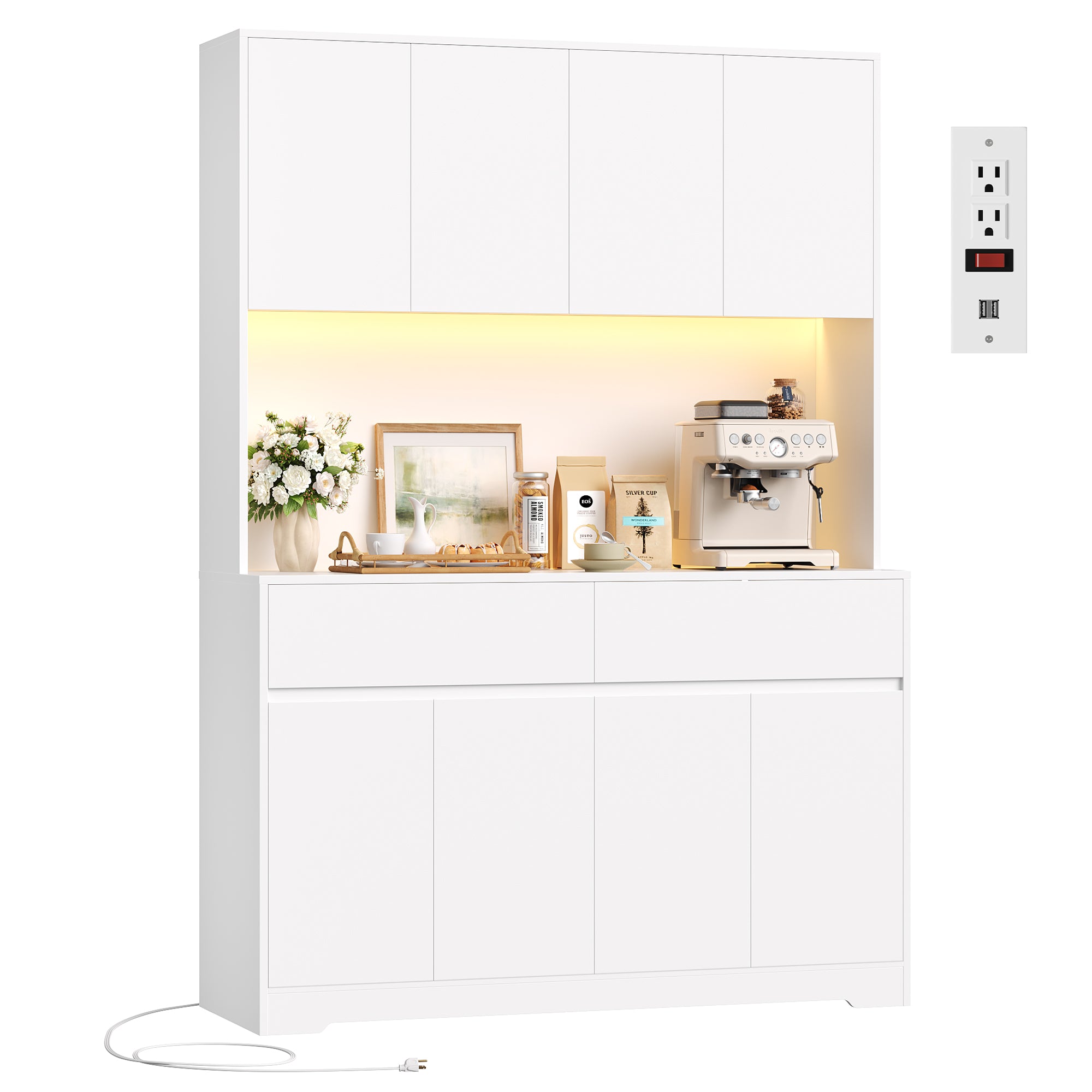 Hiphuta 71"Tall Modern Pantry Cabinet with Charge Station & Led Light, Freestanding Kitchen Hutch Cabinet for Dining Room, White