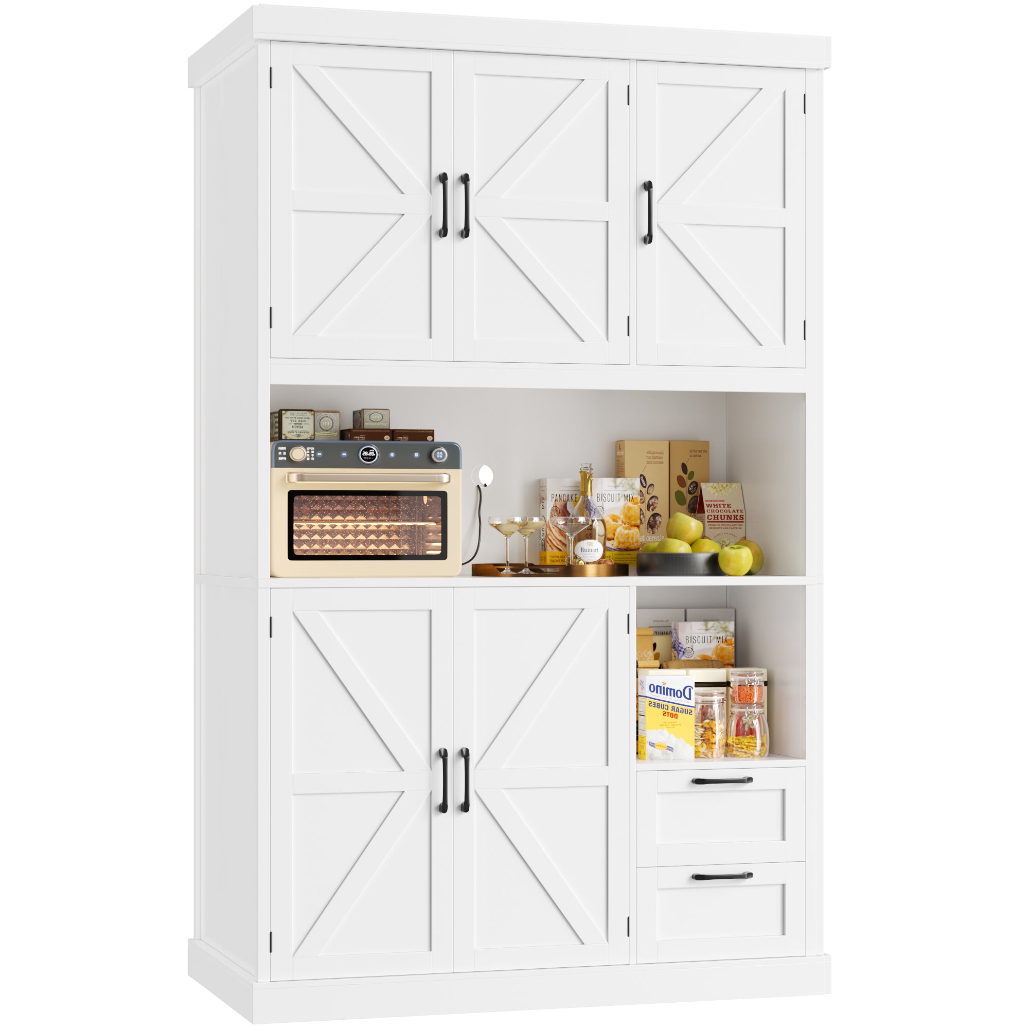 Hiphuta 76" Farmhouse Kitchen Pantry Storage Cabinet, Freestanding Hutch with 5 Doors, 2 Drawers & Microwave Stand, Cupboard for Kitchen, White