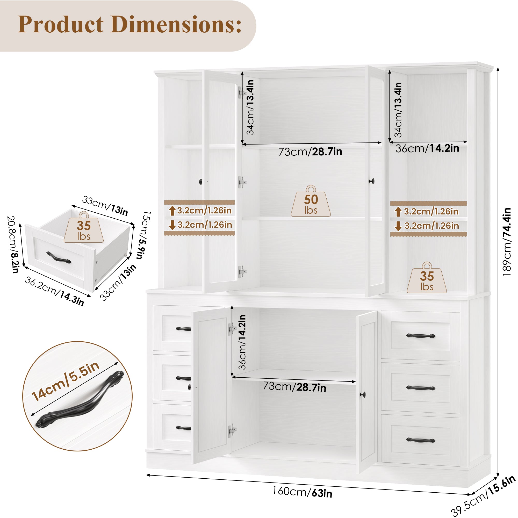 Hiphuta 74 in Tall Bookcase with 6 Drawers, Large Bookcase with Glass Door and Adjustable Shelves, Farmhouse Bookcase for Office Living Room, White