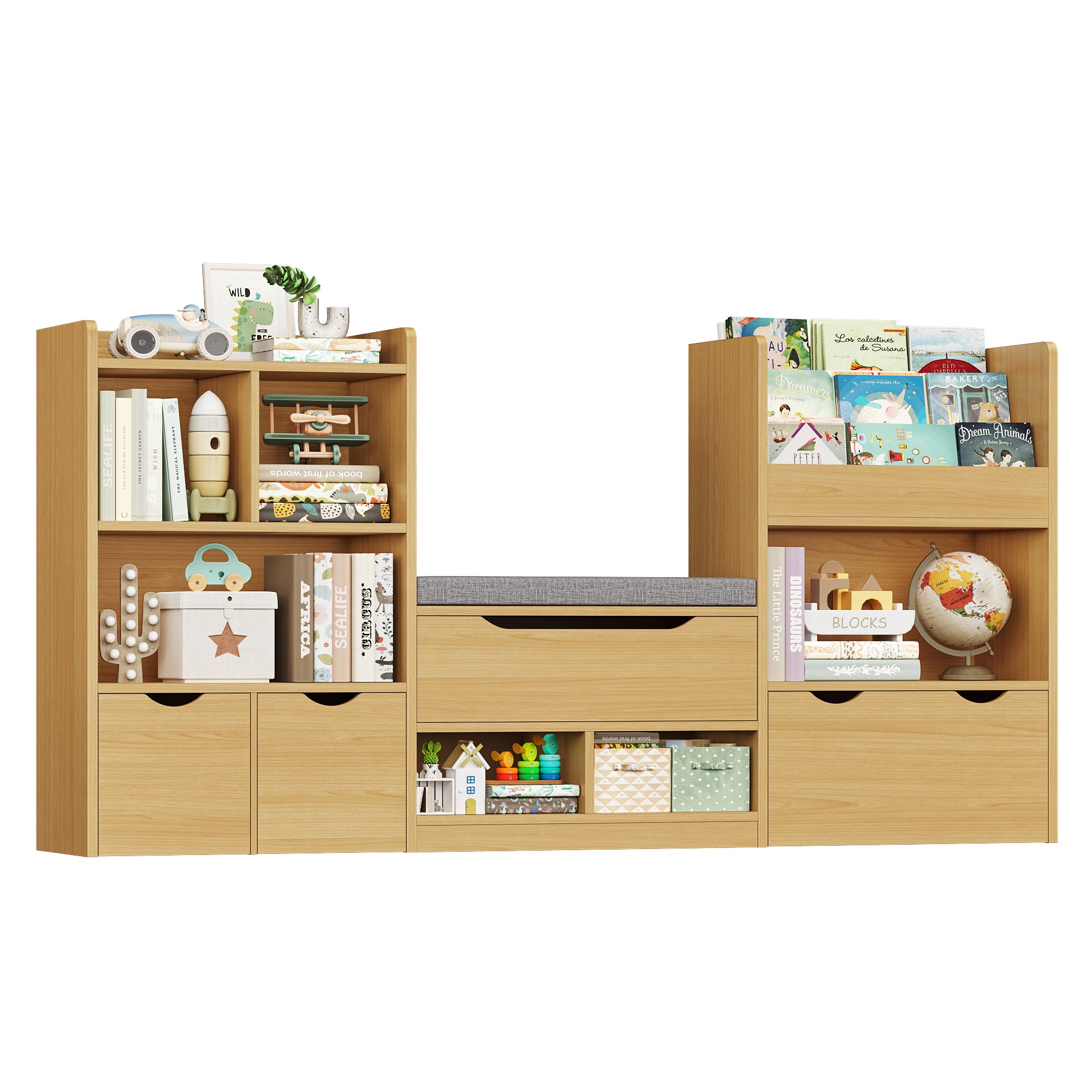 Hiphuta 72"Wide Kids Bookshelf with Reading Nook and Under Bench Storage, Kids Bookcase with Toy Organizer & Book Rack for Kids, Natural