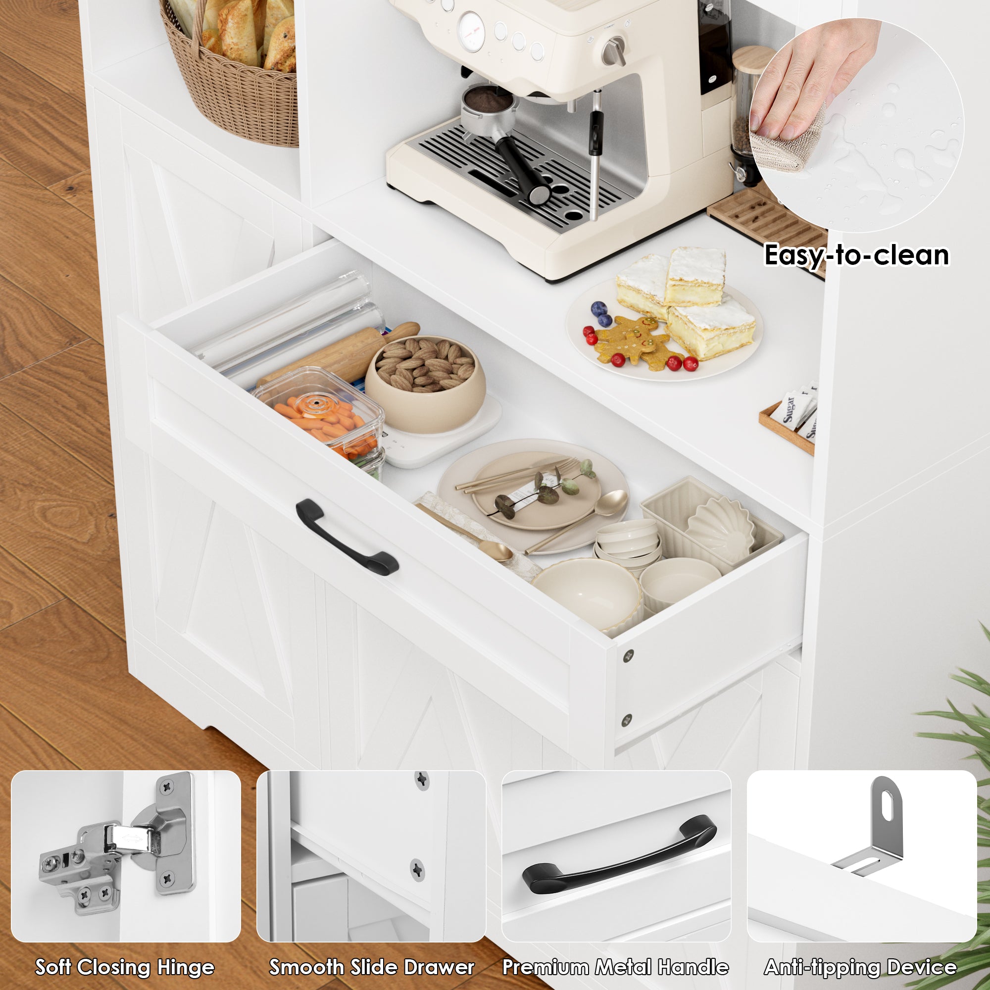 Hiphuta 71" Farmhouse Kitchen Pantry Storage Cabinet, Freestanding Hutch with Doors, Shelves & Microwave Stand, Cupboard for Dining Room, White