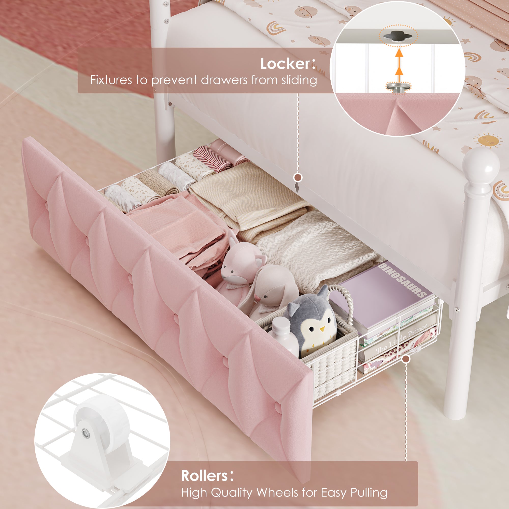 Hiphuta Twin Size Upholstered Princess Canopy Bed with Charging Station & Storage Drawer, LED Platform Bed with 4 Removable Posts, Twin Bed for Kids, Curtain Not Included, Pink