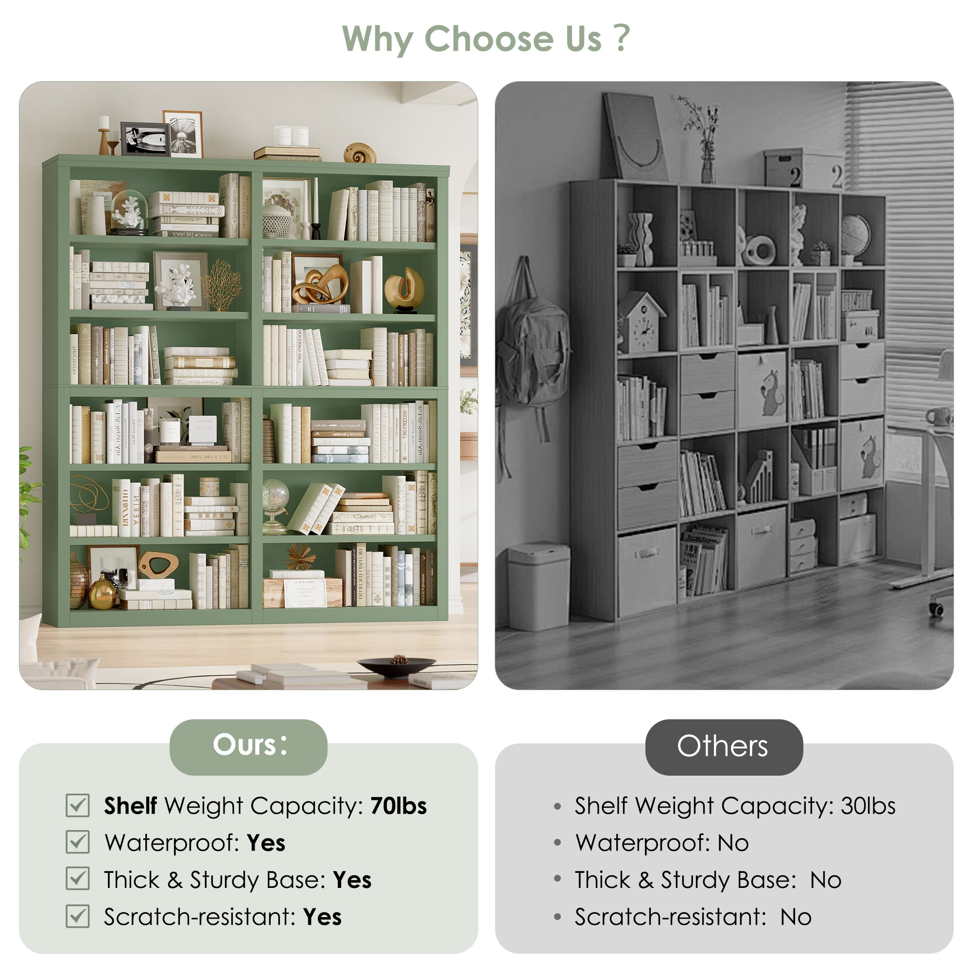 Hiphuta 63"W Extra Large and Sturdy Bookcase, Double Wide 6-Tier Bookshelf, Tall Bookcase for Home Office and Living Room, Wooden Freestanding Display Shelf, Green