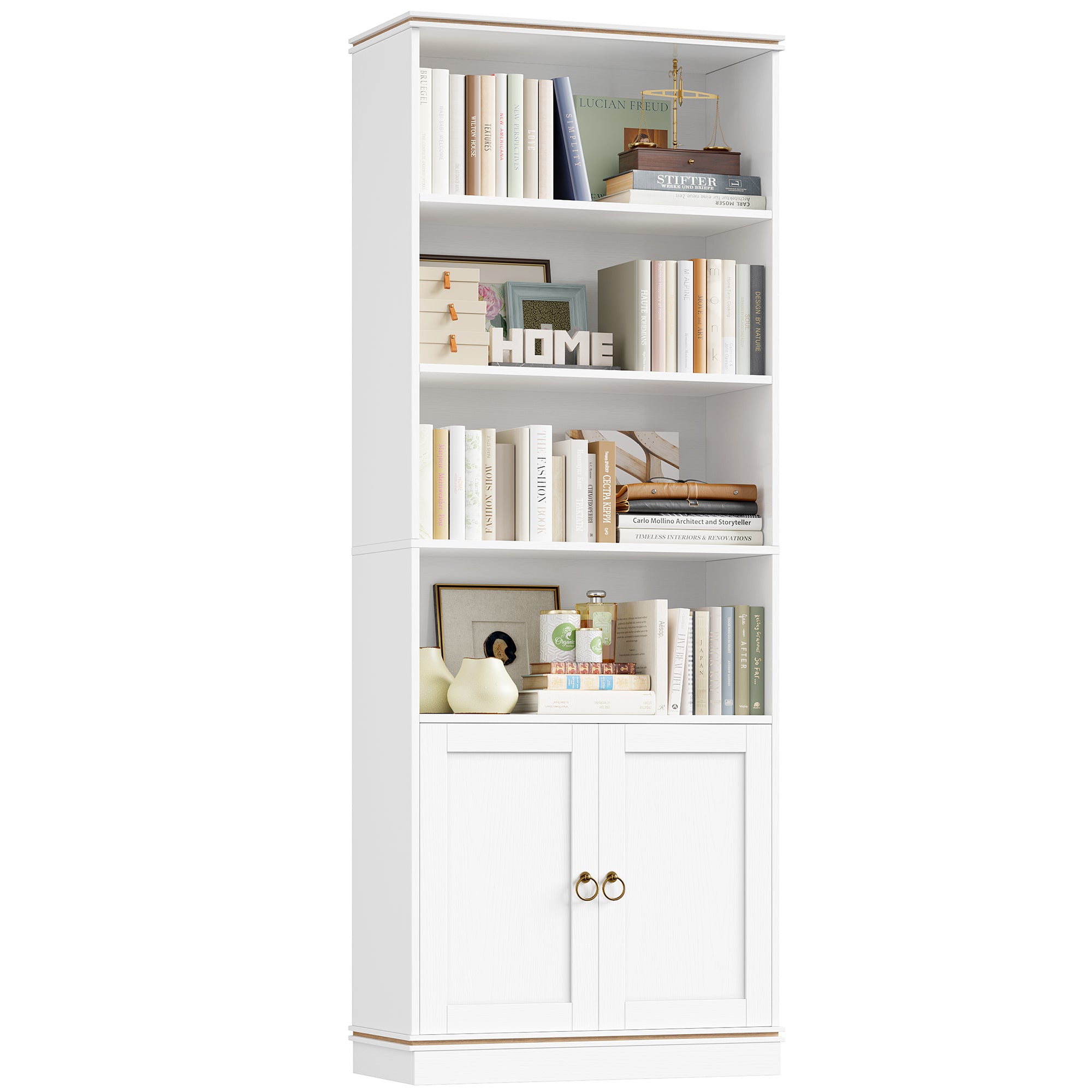 Hiphuta 73"Tall bookshelves with Storage, 4 Shelves Display Bookcase, Narrow Bookshelf with 2 Doors for Home Office, White