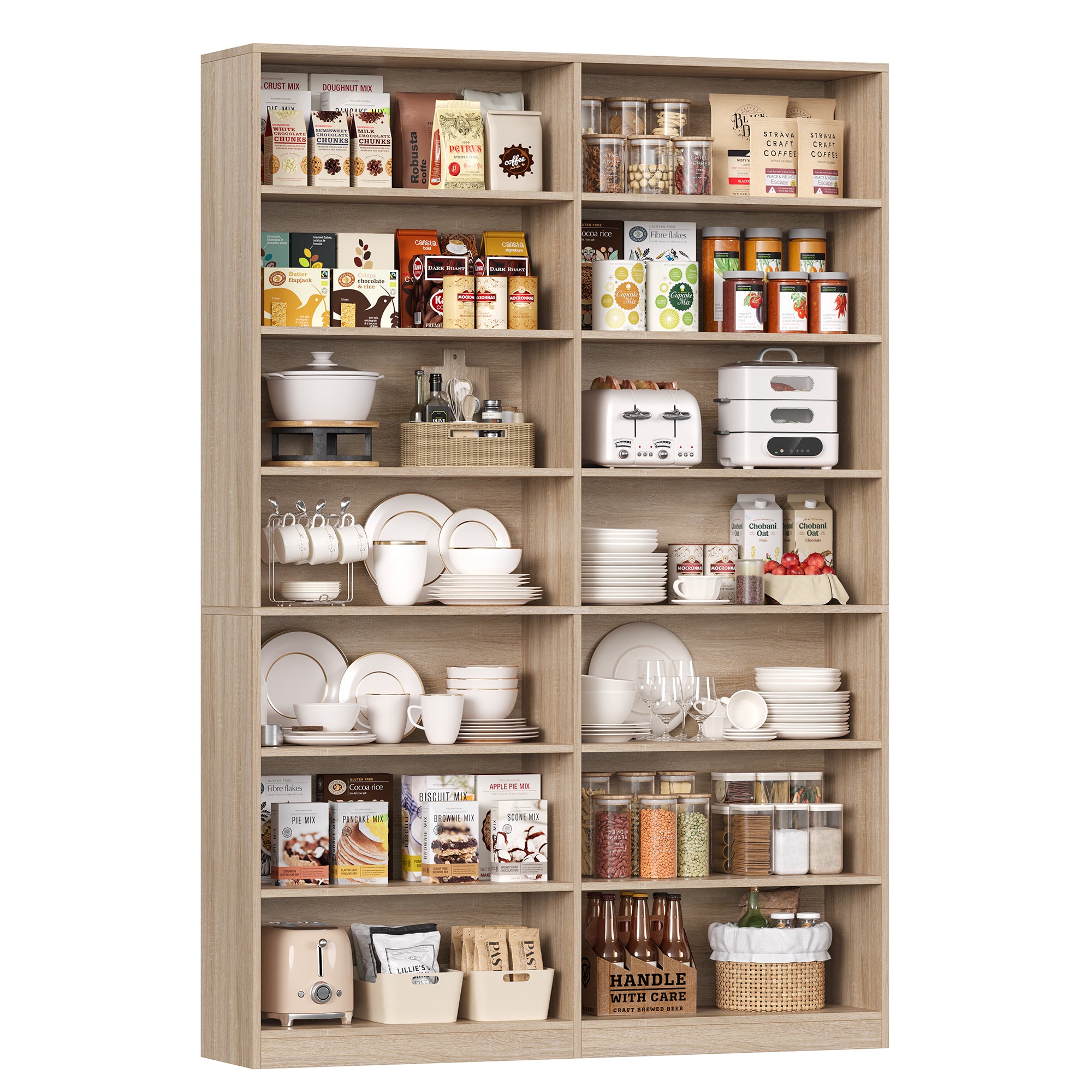 Hiphuta 83.6"H x 47.2"W Wood Double 7-Tier Standard Bookcase, Tall Bookcase for Bedroom, Living Room and Office, Freestanding Display Storage Shelves, Light Oak