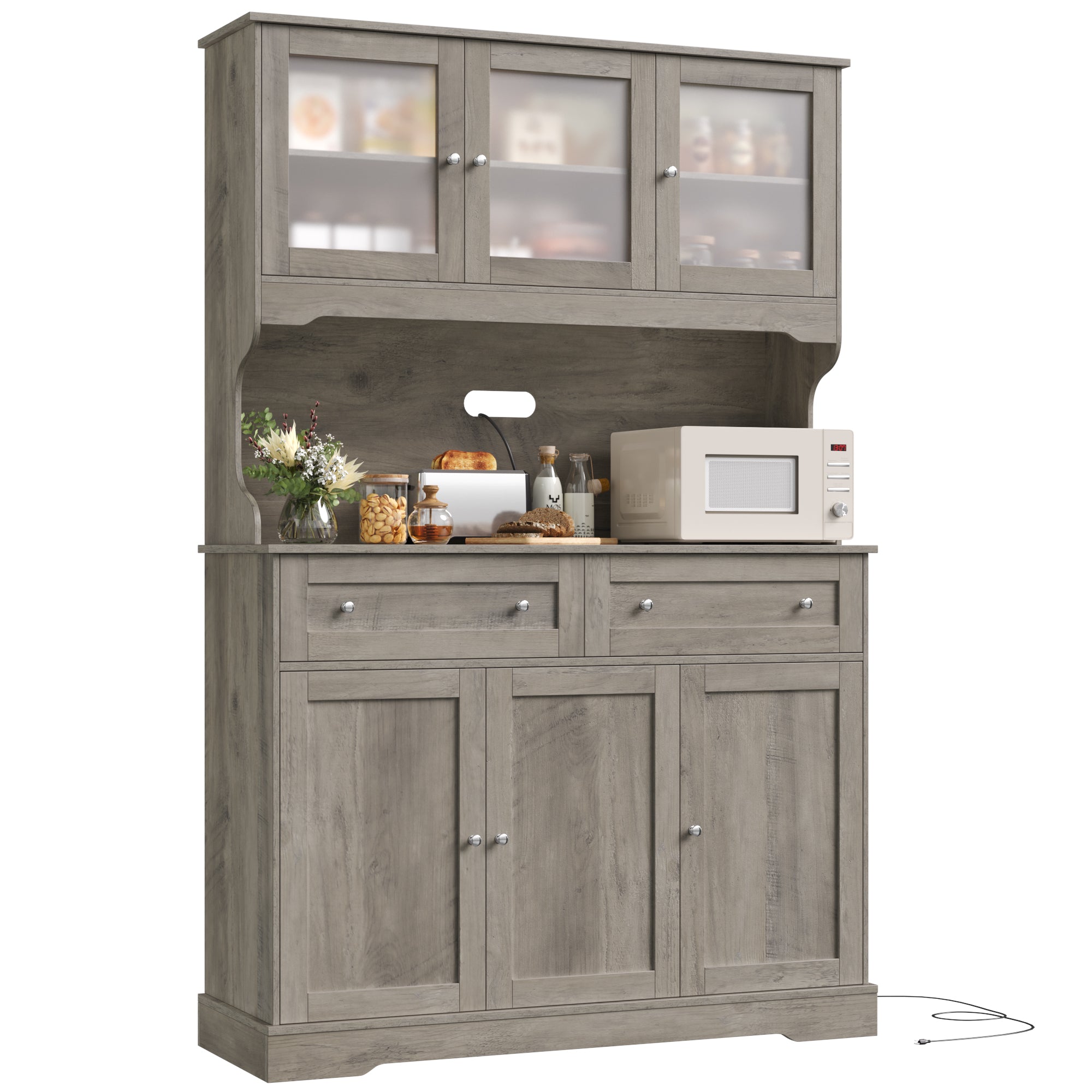Hiphuta 72” Tall Kitchen Pantry Storage Cabinet with Power Outlet, Freestanding Cupboard Storage Buffet Hutch with Microwave Stand, Storage Pantry with Drawers & Glass Doors, Ash Gray
