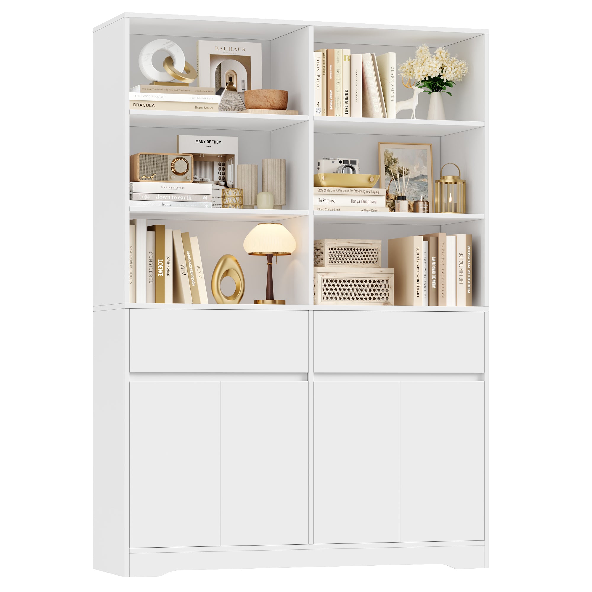 Hiphuta 69"H Modern Bookcases with Doors & Drawers, Large Wooden Display Shelf for Home Office, Wooden Storage Bookshelf for Living Room, White