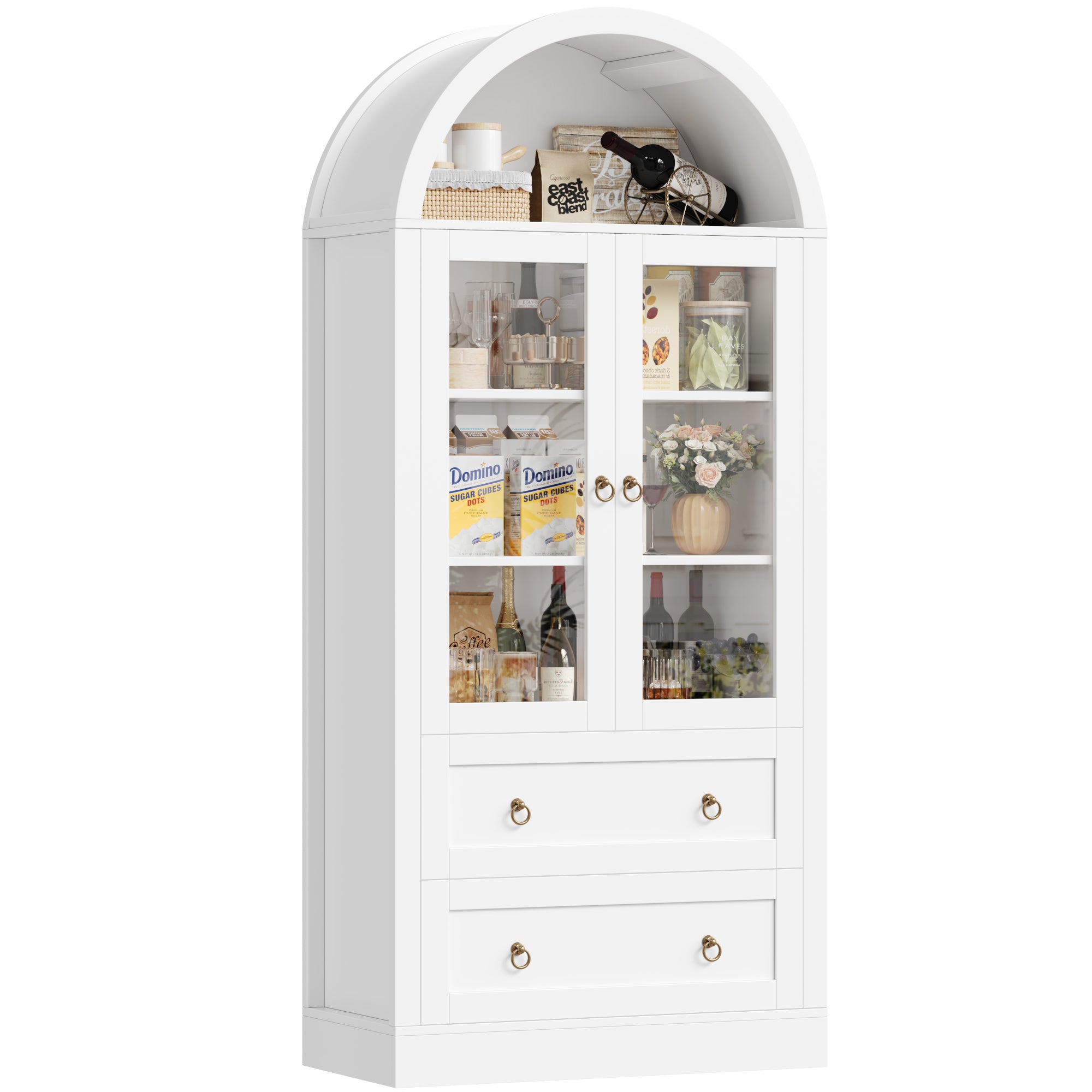 Hiphuta 70" Tall Arched Kitchen Pantry Storage Cabinet with 2 Large Drawers, Freestanding Modern Farmhouse Versatile Hutch Cupboard for Dining Room, White
