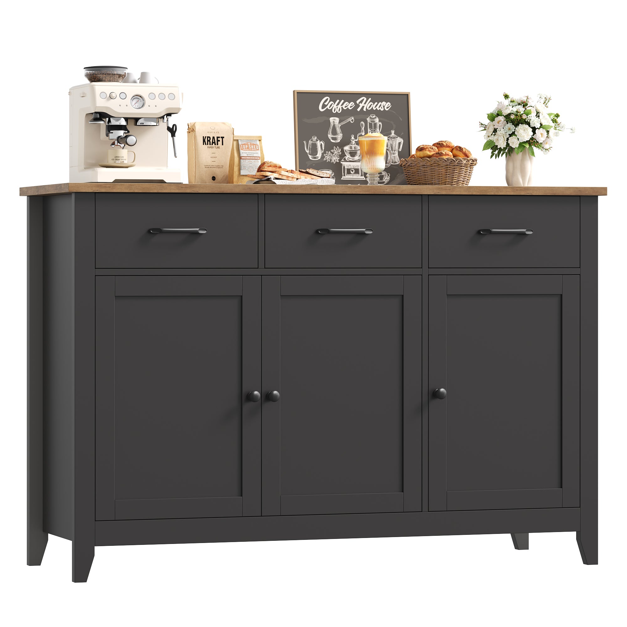 Hiphuta 47"W Buffet Cabinet with Adjustable Shelf, Modern Farmhouse Coffee Bar with 3 Drawers and Sturdy Base for Small Space and Living Room, Black