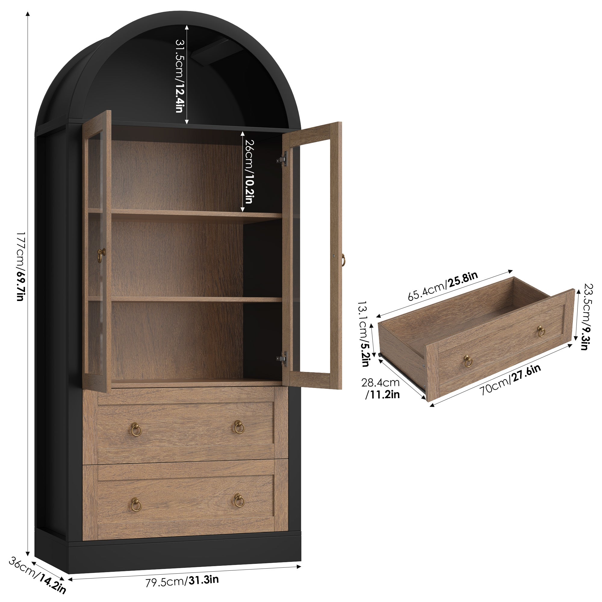Hiphuta 70" Tall Arched Kitchen Pantry Storage Cabinet with 2 Large Drawers, Freestanding Modern Farmhouse Versatile Hutch Cupboard for Dining Room, Black & Oak