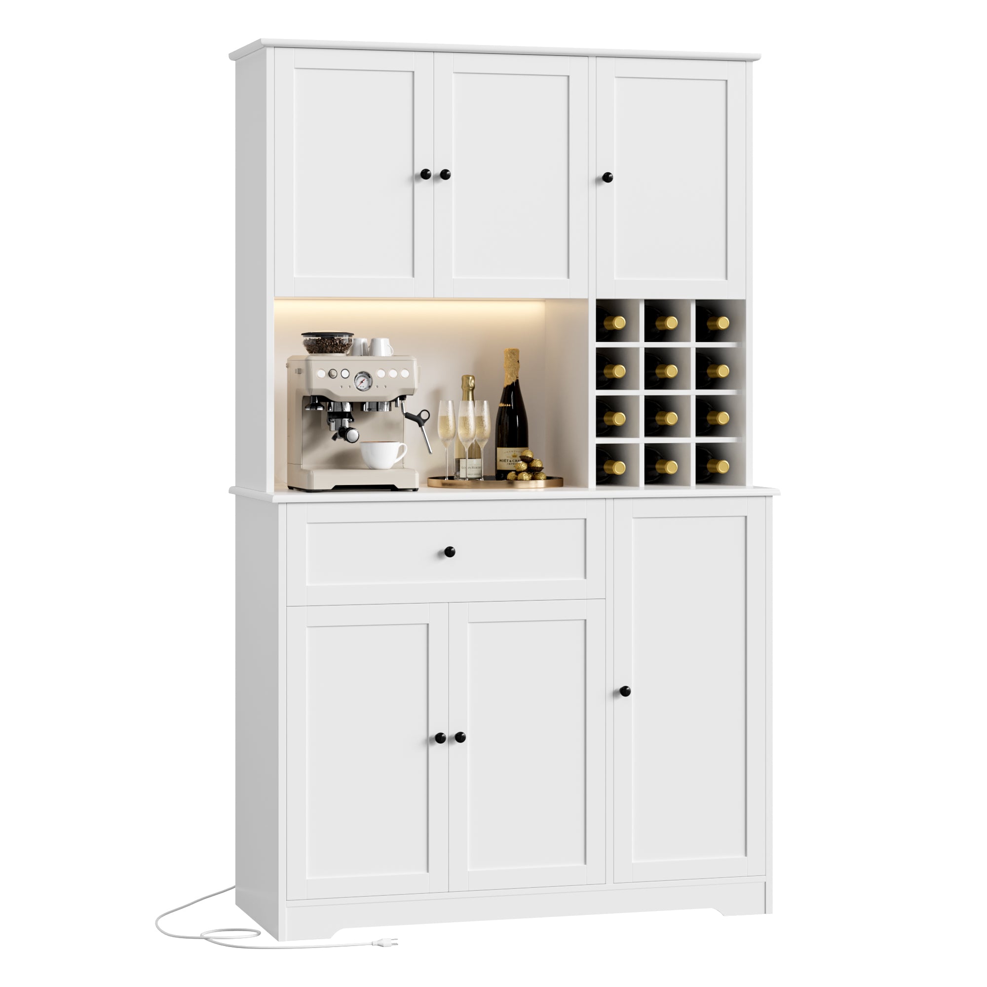 Hiphuta 71" Pantry Cabinet with Charging Station, Kitchen Pantry Storage Cabinet with Microwave Stand & Wine Rack, Kitchen Hutch Cabinet with Storage Drawers, Food Pantry Cabinet with Countertop for Dining Room, White