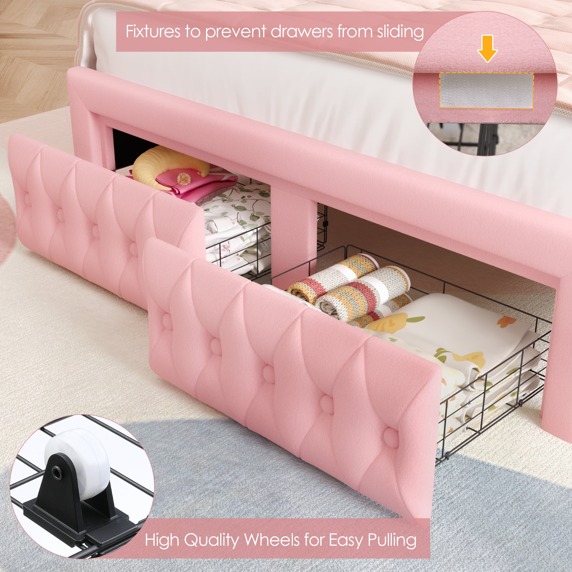 Hiphuta Full LED Bed with 2 Drawers, LED Lights Platform Bed Frame with Upholstered Button Tufted Headboard, No Box Spring Needed, Velvet Pink