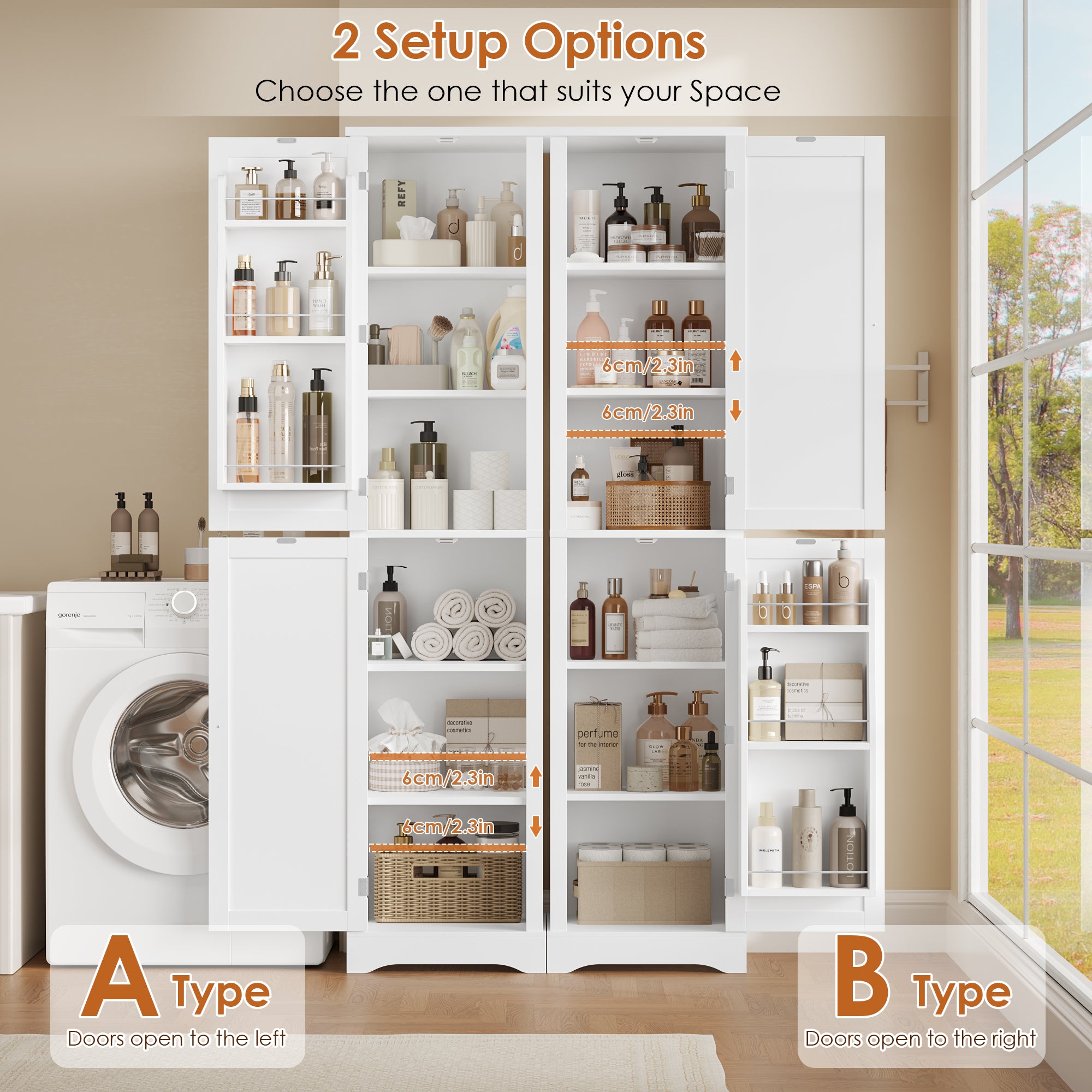 Hiphuta 71" Tall Bathroom Storage Cabinets with Adjustable Shelves, Narrow Cabinet with Door Shelves, Bathroom Storage Tower for Small Spaces, White