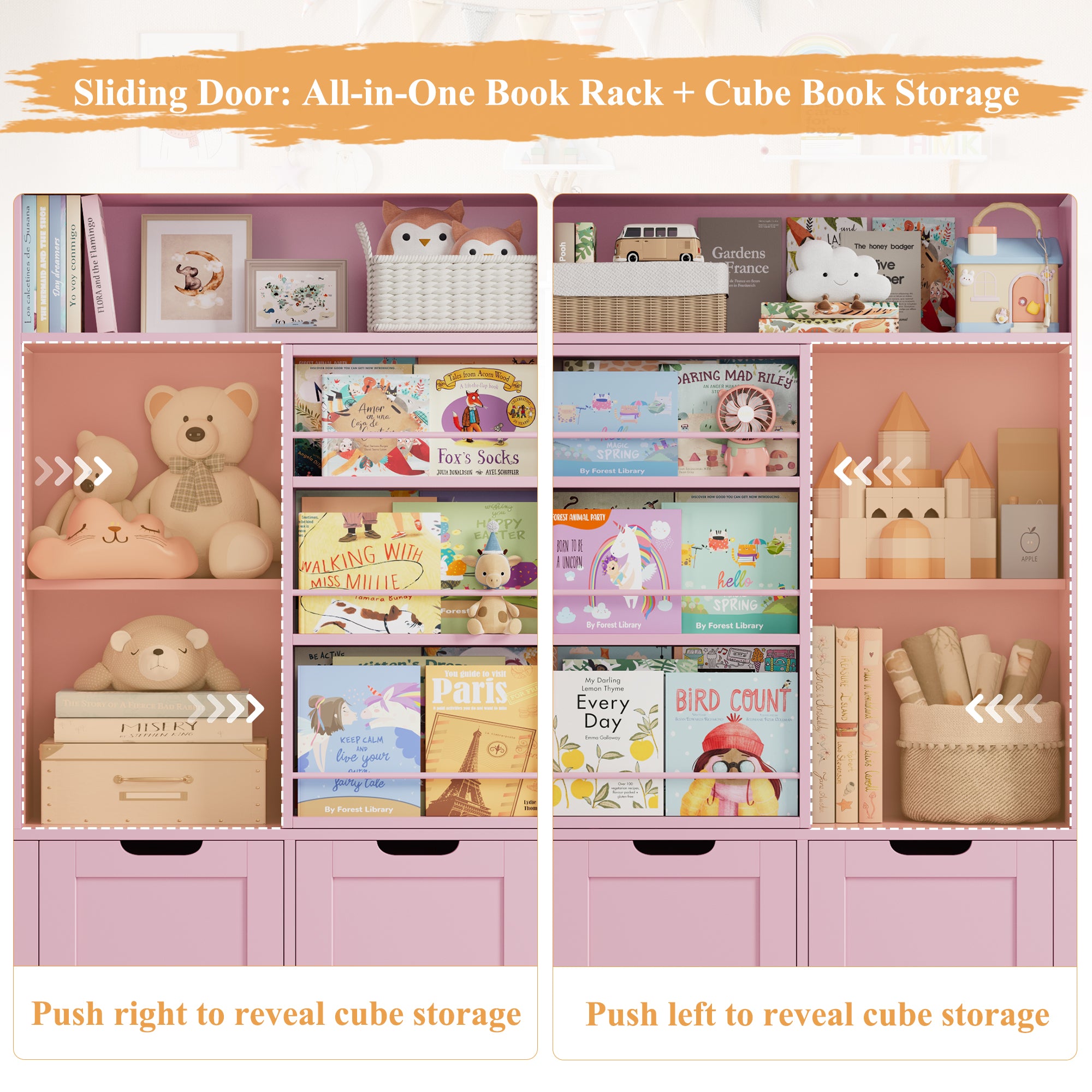 Hiphuta 55"W Kid Toy Storage Organize with Sliding Bookshelf, Kid Bookcase with 4 Removable Drawers, Toy Storage Toy Organize for Kid Bedroom Playroom, Pink