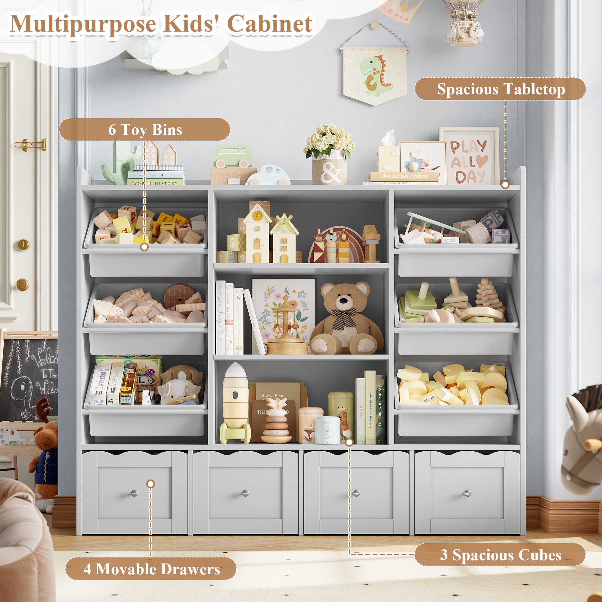 Hiphuta 55" Wide Toy Storage Organizer with 4 Removable Drawers, 4-Tier Kid Bookcase with 6 Bins, Toy Organizer with Bookcase for Kid Bedroom Playroom, Gray