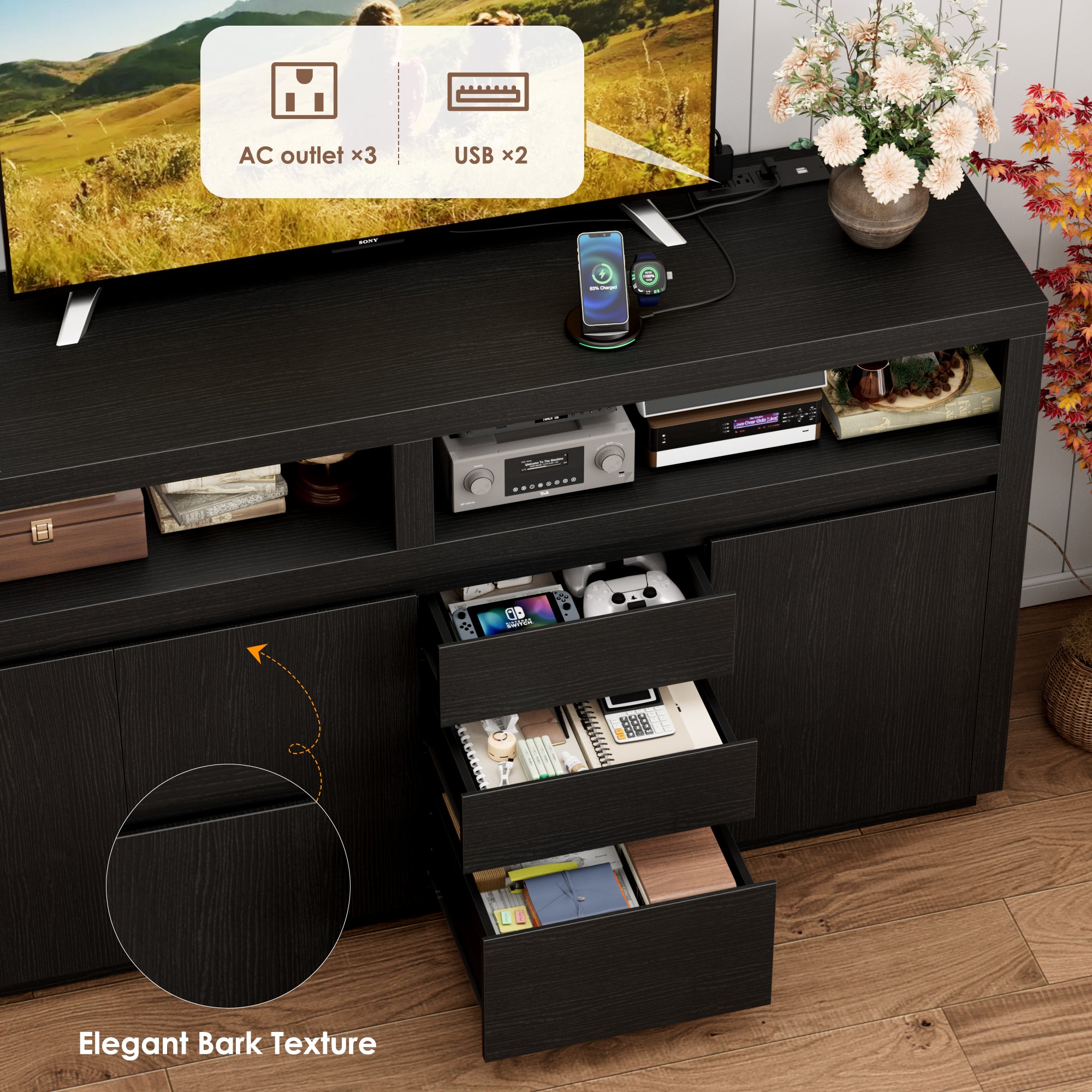 Hiphuta Farmhouse TV Stand with RGB LED, Modern Entertainment Center with Doors and Drawers, Black