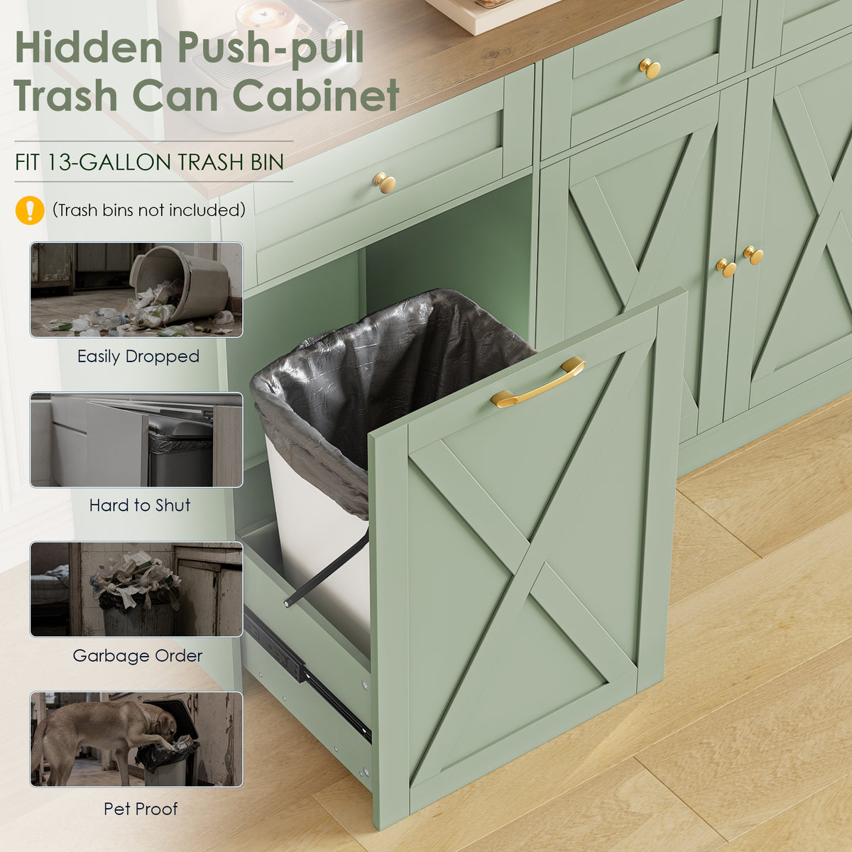 Hiphuta 73” Tall Kitchen Pantry Cabinet Fits 13 Gallon Trash Can Cabinet, Farmhouse Kitchen Storage Hutch with Pull Out Trash Can Storage for Dining Room Living Room, Green