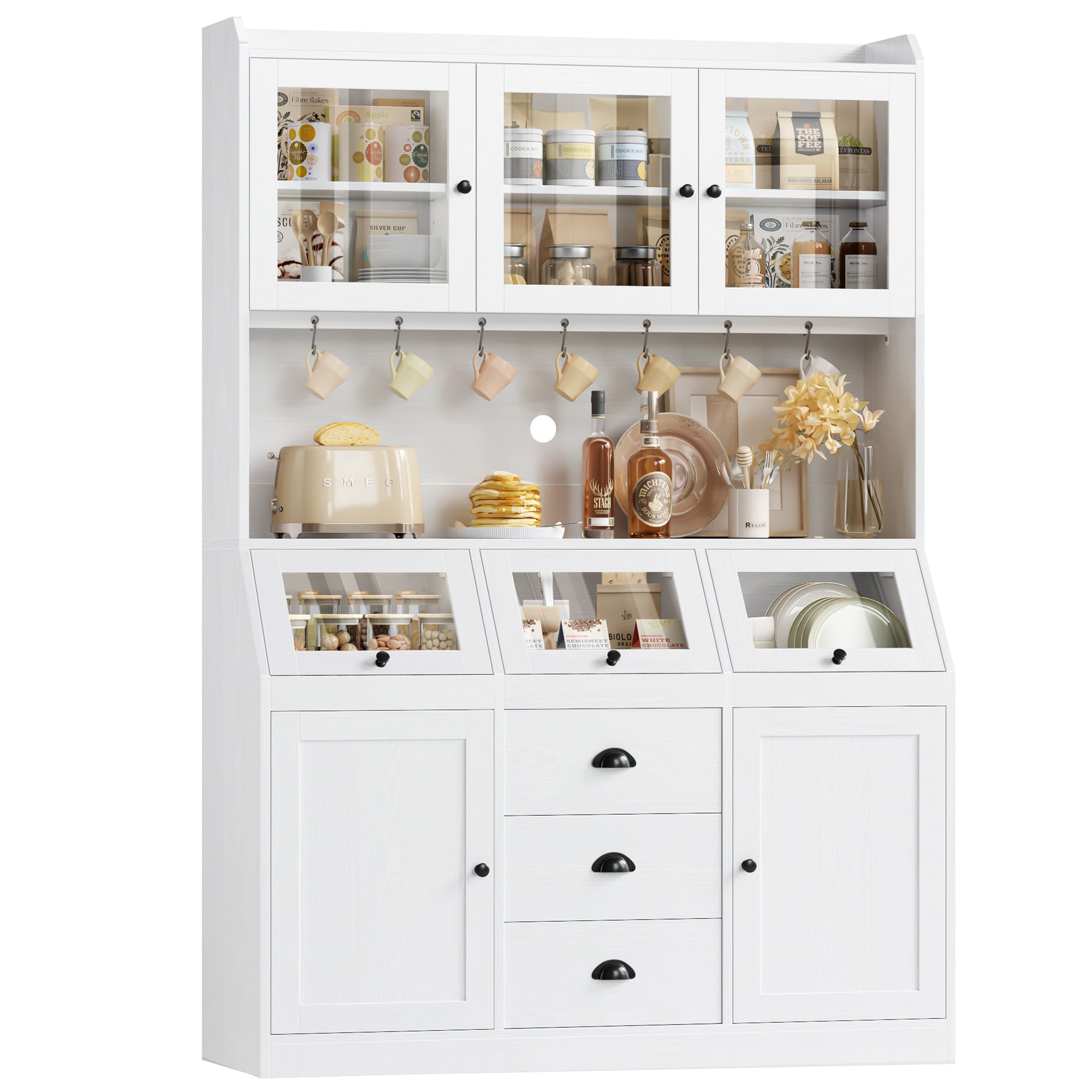 Hiphuta Farmhouse Kitchen Pantry Storage Cabinet, 71”H Freestanding Hutch with 8 Doors and 3 Drawers for Dining and Living Room, White