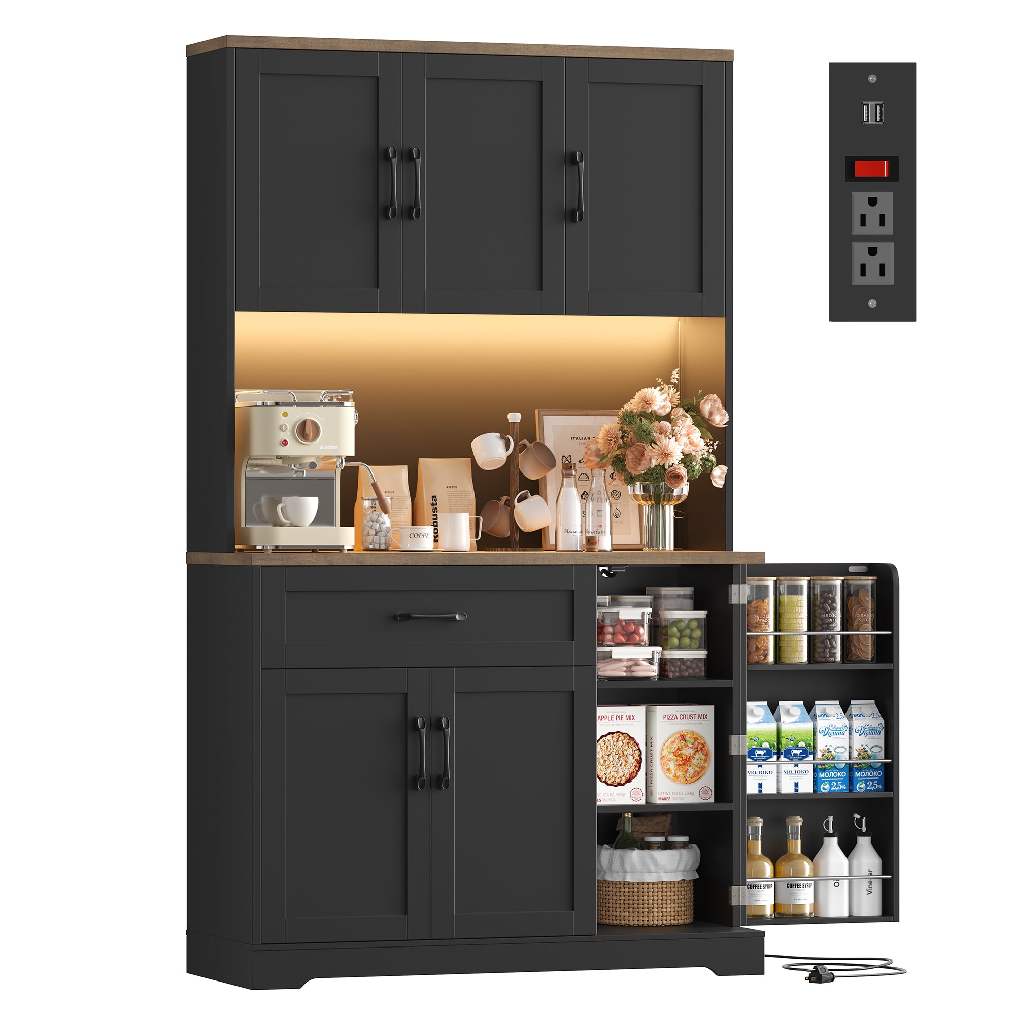 Hiphuta 71”Tall Modern Pantry Cabinet with Power Outlet & LED, Freestanding Kitchen Hutch Cabinet for Dining Room, Black