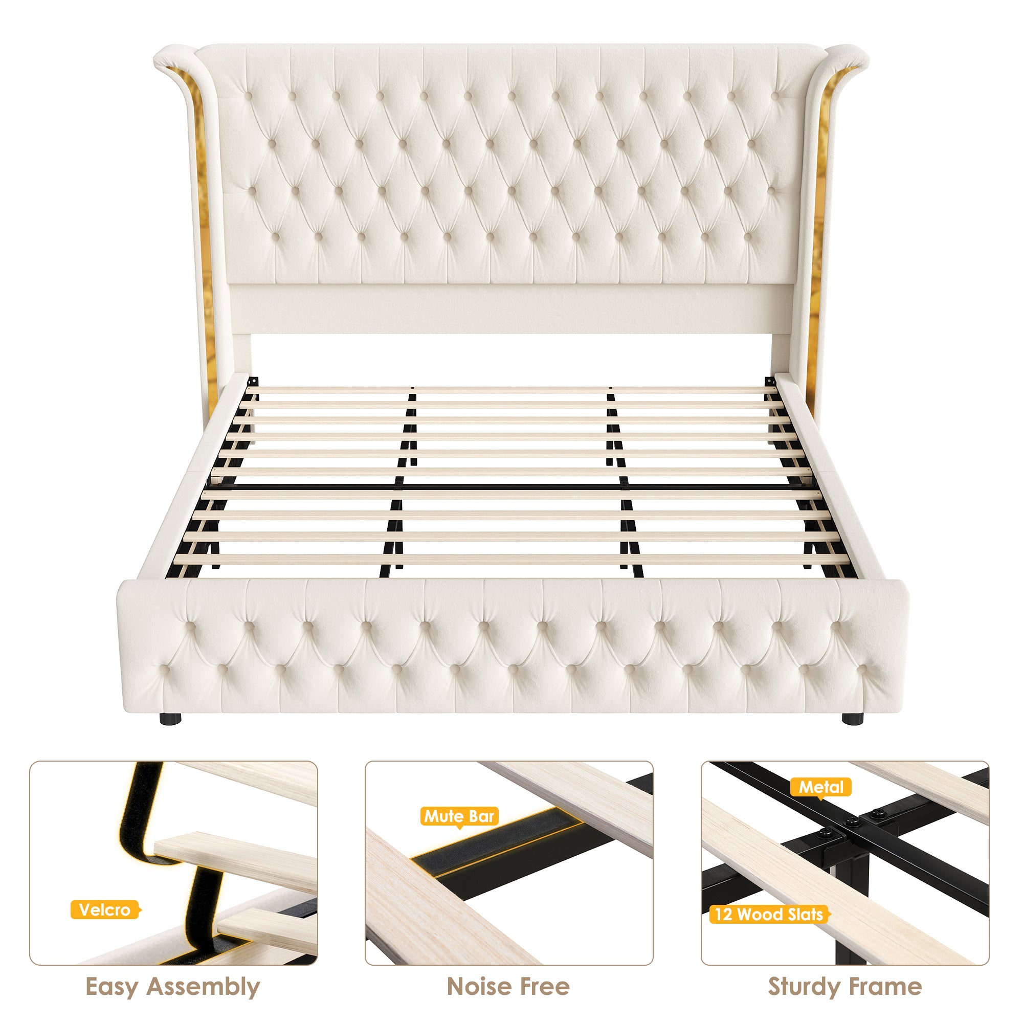 Hiphuta Queen Bed with LED Light, Cama Queen Platform Bed with Button Tufted Velvet Upholstered Headboard, White