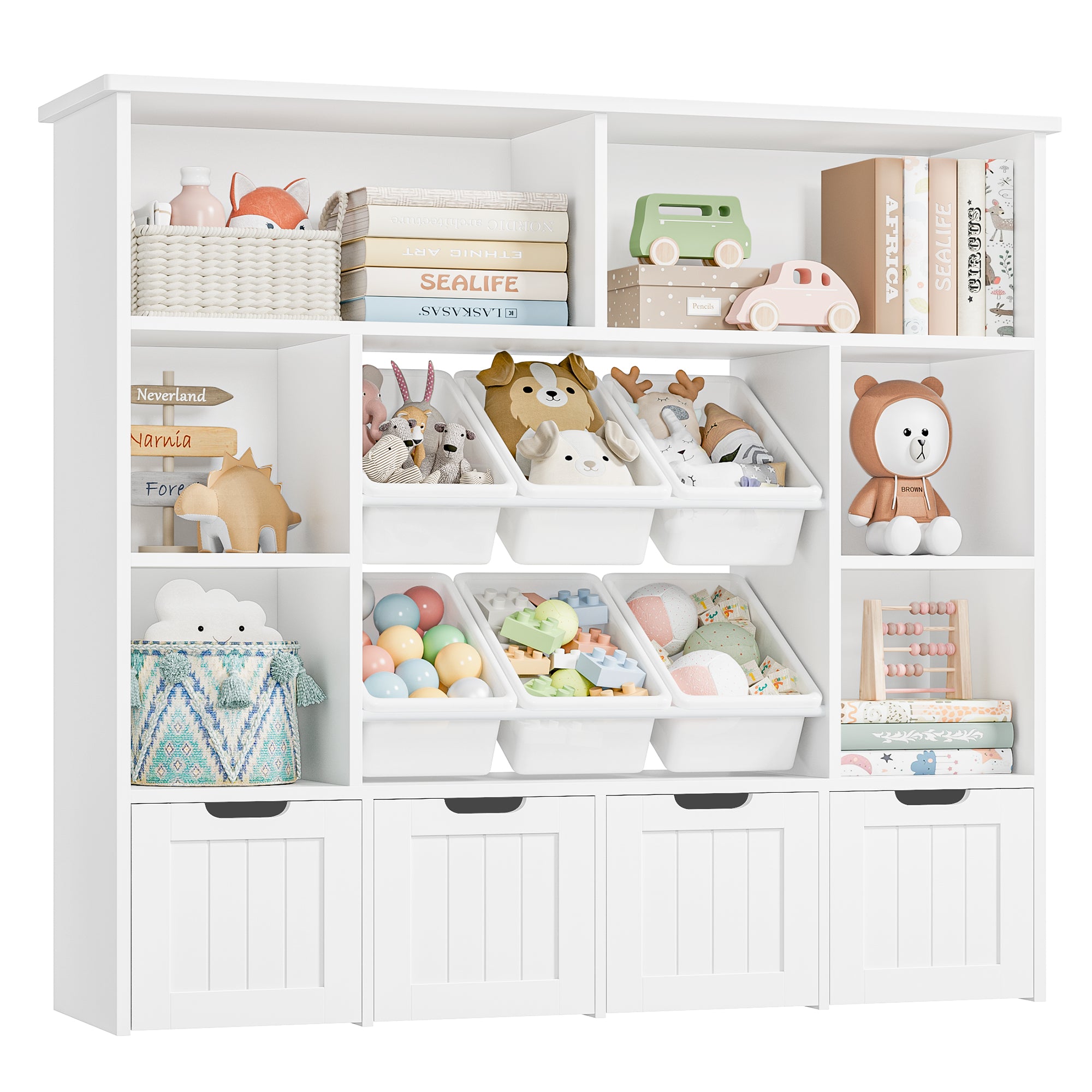 Hiphuta Large 4 Tier Kids Toy Organizer, Wood Toy Organizer of 6 Bins& 4 Removable Drawers, Children's Bookcase for Family Room, White