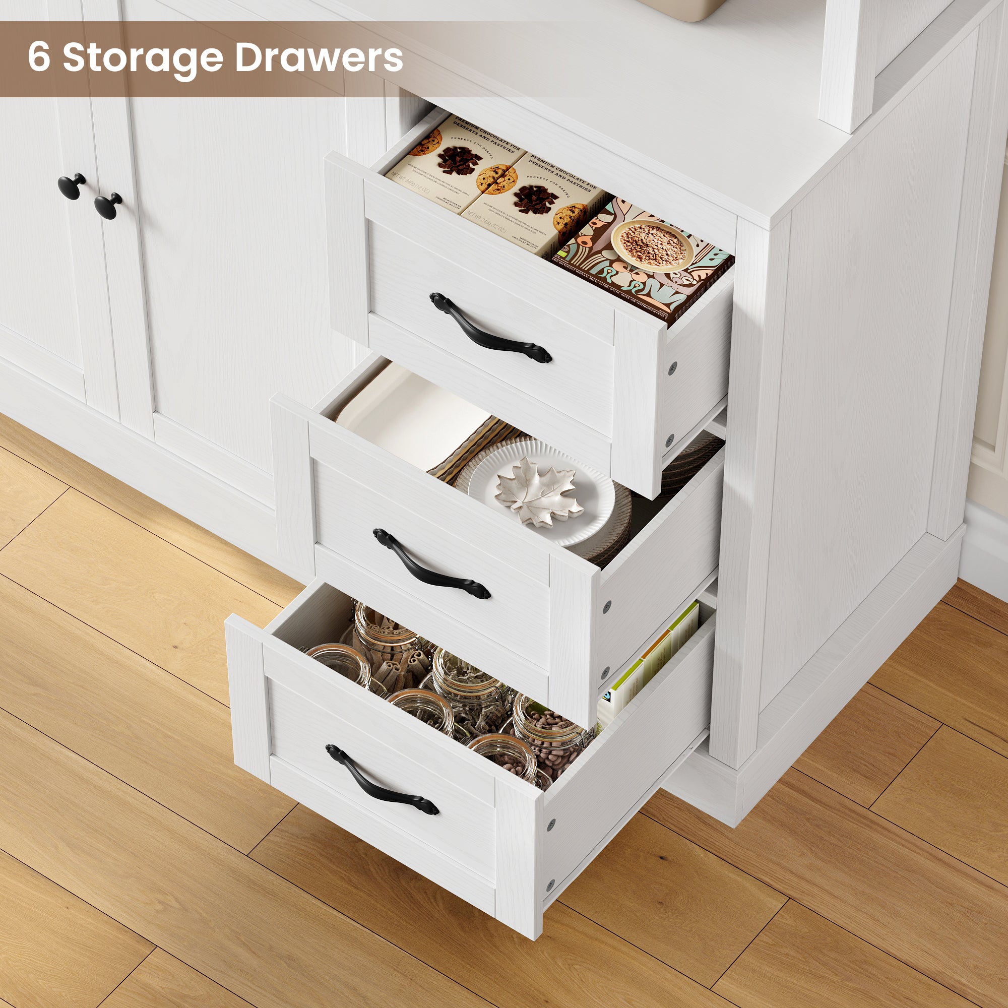 Hiphuta 63" Wide Large Kitchen Pantry Cabinet with Glass Door, 74" Tall Kitchen Storage Cabinet with 6 Drawers, Farmhouse kitchen Hutch for Kitchen Dining Room, White